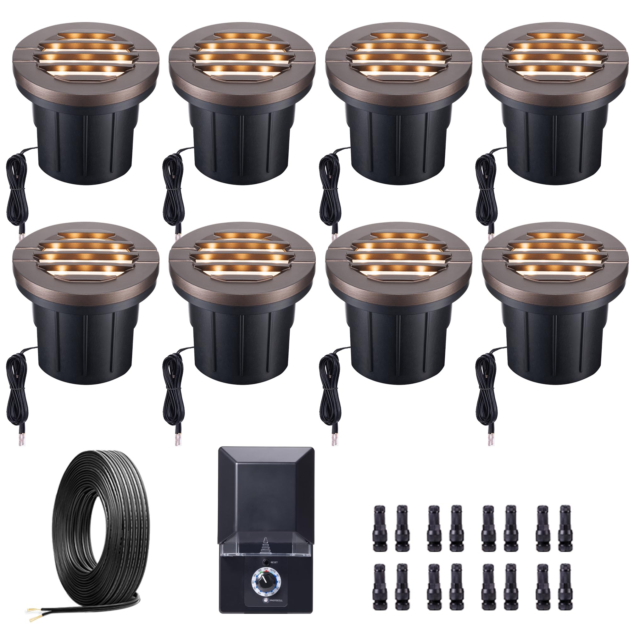 Varmtalys Landscape Well Light Kit, 8 Pack Low Voltage In Ground Lights and 100W Transformer and 100FT Cable and 30 Wire Connect