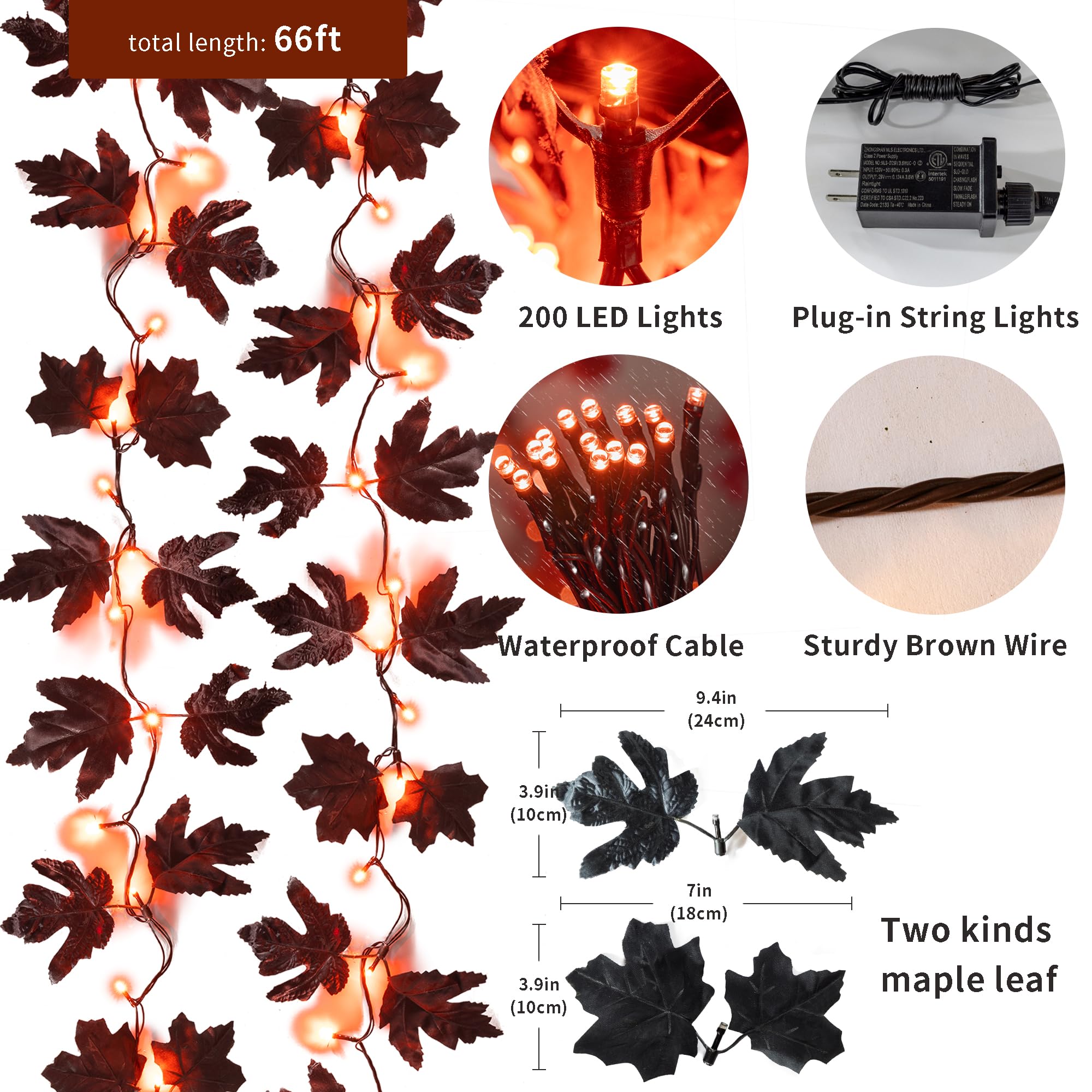 Clycaloor 66ft Maple Leaves String Lights Fall Decor for Home Thanksgiving Decorations Lighted Fall Garland Decorations Thanksgi