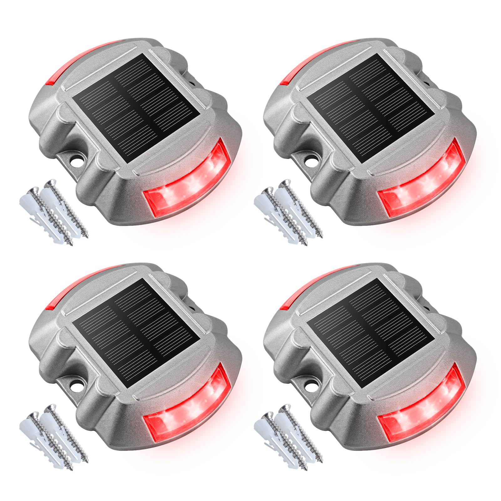 VOLISUN Christmas Solar Deck Lights Driveway Dock Lights  4-Pack Led IP67 Waterproof Outdoor Warning Step Lights for Driveway Sidewalk Garden Pathway Yard(Red)