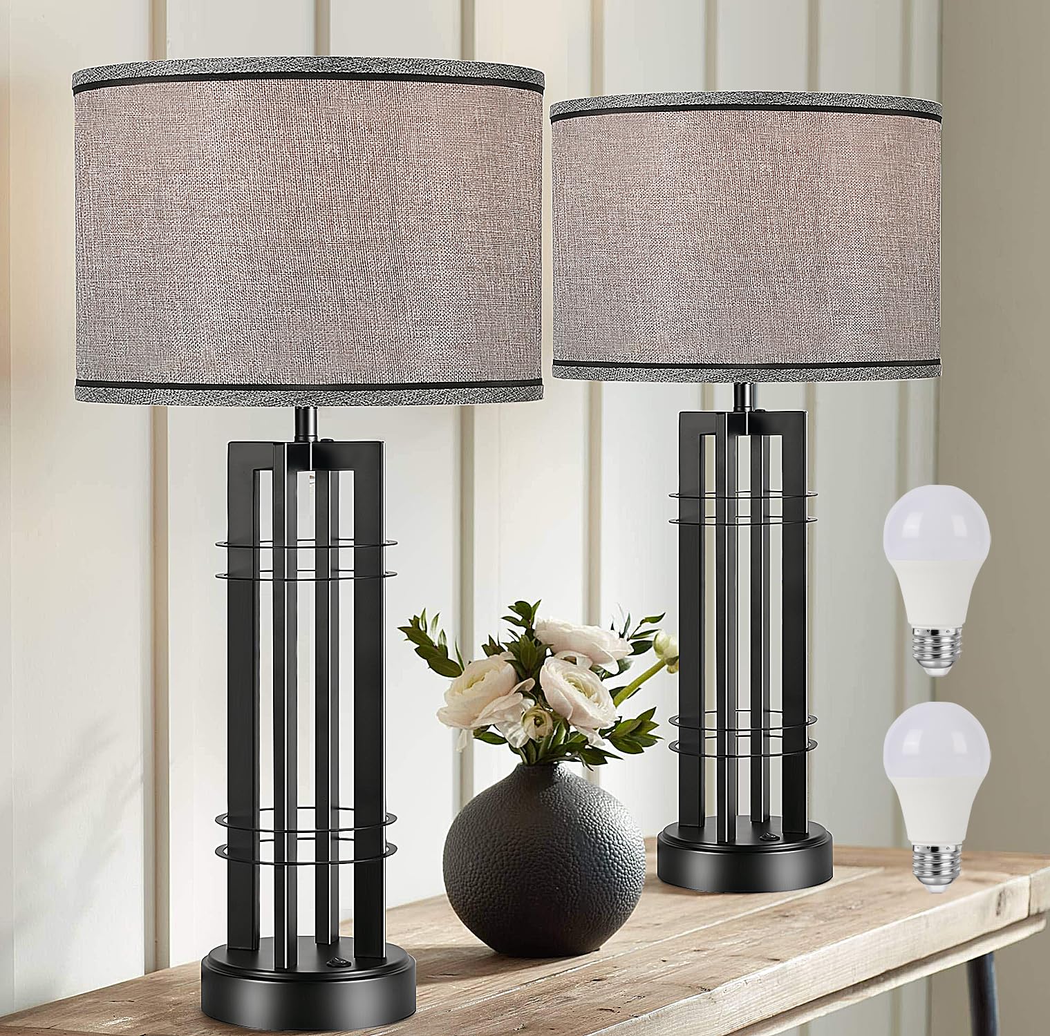 Easebri 27in Tall Table Lamps for Living Room Button Control Farmhouse Rustic Table Lamps Set of 2 SideTable Lamps Black&Grey Bedroom Lamps for Bedside Nightstand End Table 2025 New