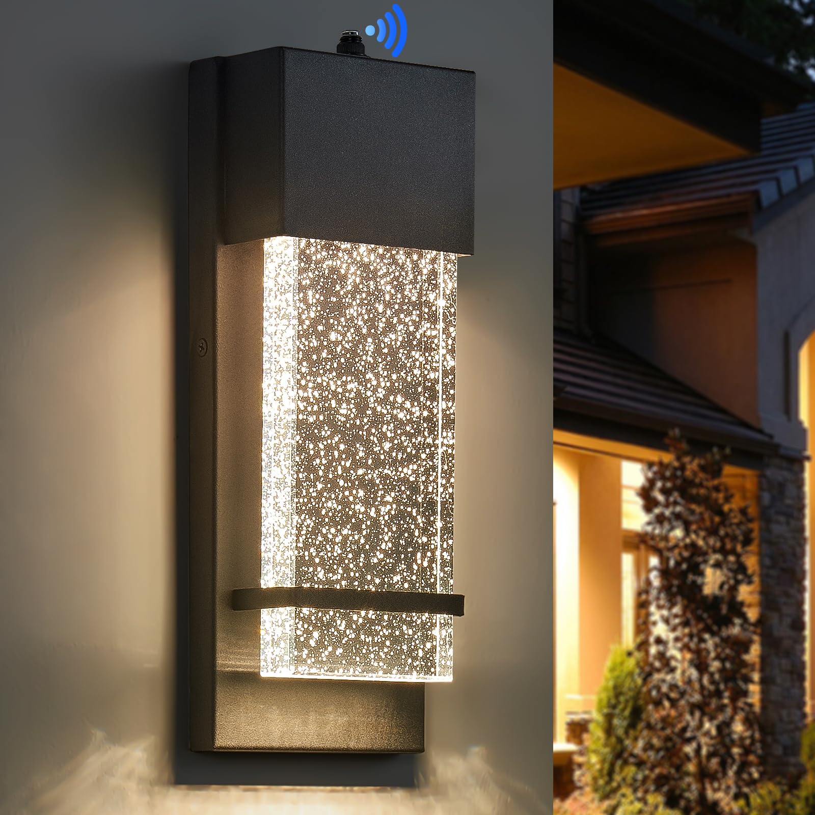 Yisuro Dusk To Dawn Black Wall Sconce With Crystal Bubble Led, Outdoor Lighting Fixture
