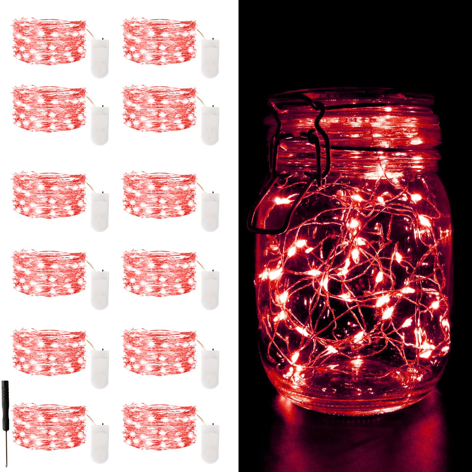 Camantu 12 Pack Led Fairy Lights Battery Operated, 7Ft 20Led Valentines Day Lights Battery Operated Waterproof Silver Wire For Diy Mason Jar Party Birthday Wedding Christmas Decorations(Red)