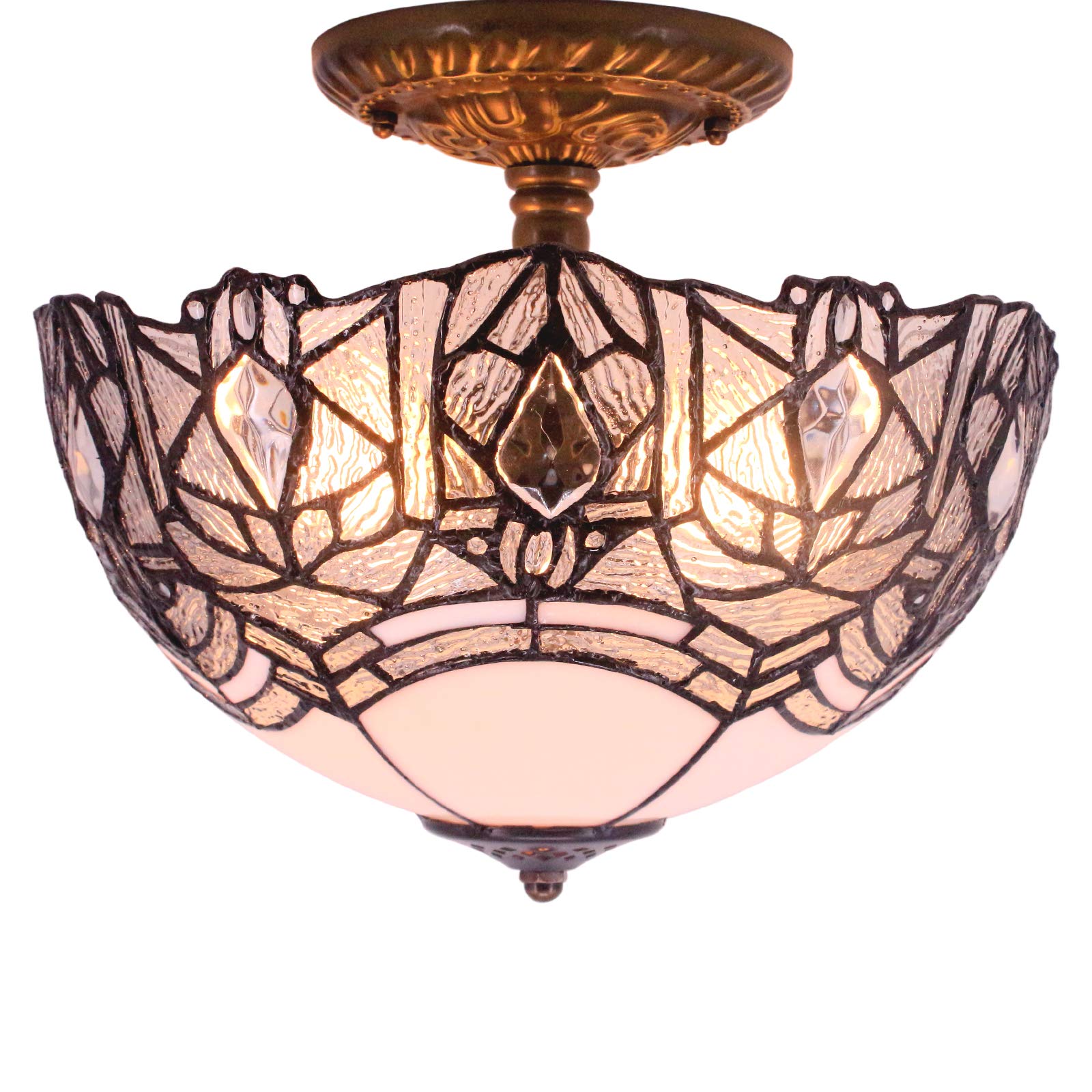 Werfactory Tiffany Ceiling Light Fixture, Crystal Bead, 12X11 Inch, White Stained Glass, Semi Flush Mount, S508W Series