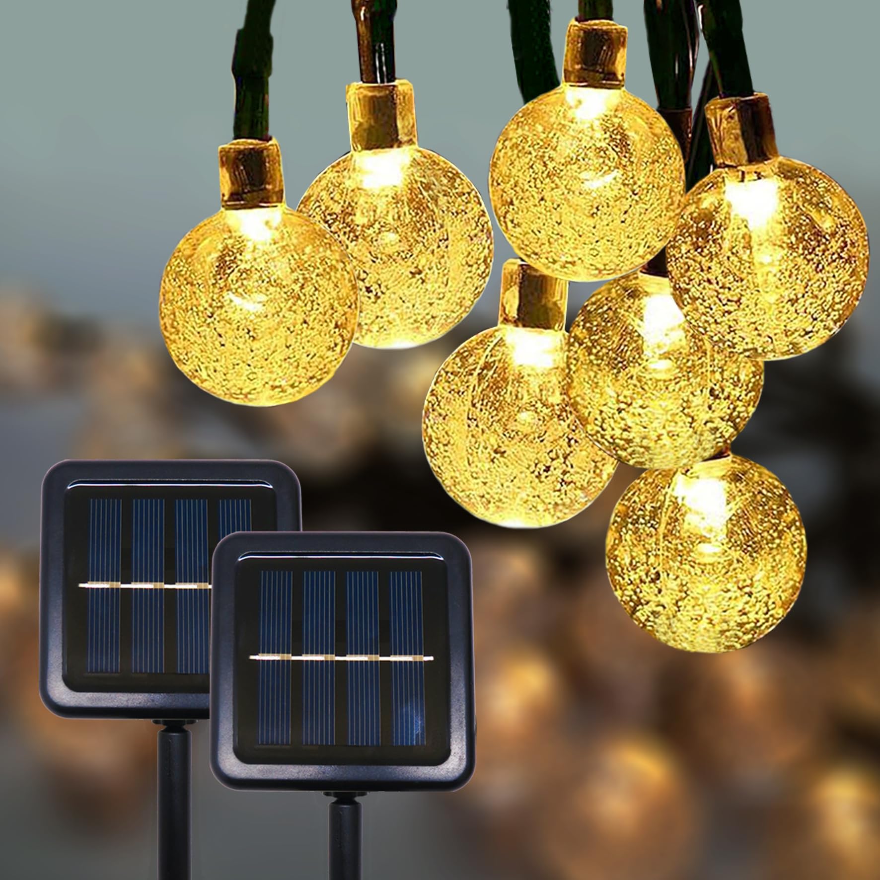 Updated Solar String Lights - Outdoor Waterproof 2 Pack 120 Led 72ft Warm White Big Ball Led Christmas Lights for Garden, Lawn, 