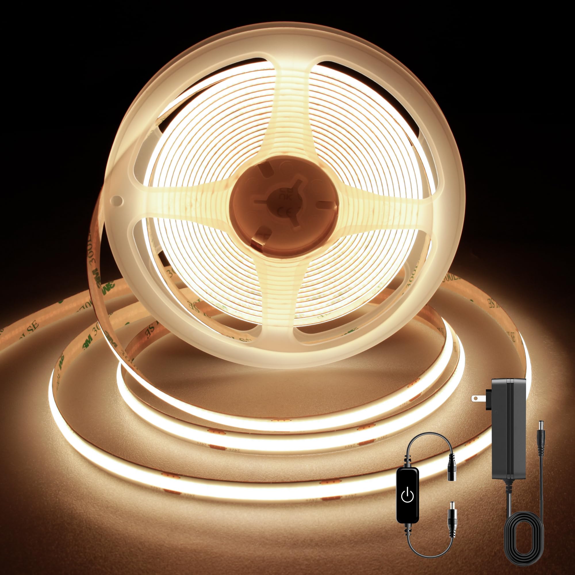 Pandery COB LED Band LED Band Lights 5M/16.4ft Touch Dimmable LED Bands CRI90+ 3000K Warm White cob led 1600LEDs 24V LED Tape Lights Indoor for Bedroom  Kitchen  TV  Mirror Cabinet