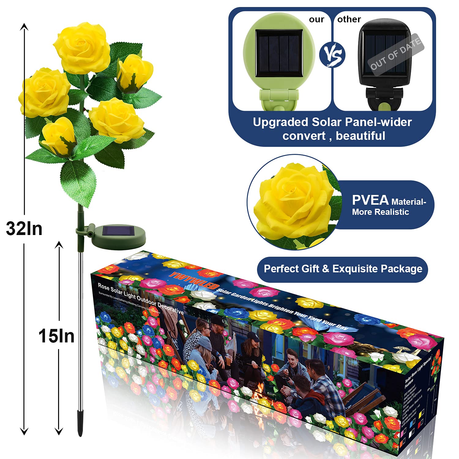 YWYWLED Solar Flower Lights - LED Waterproof Stake Lights with 5 Roses, Yellow, 2 Pack, Model 2023-5-12