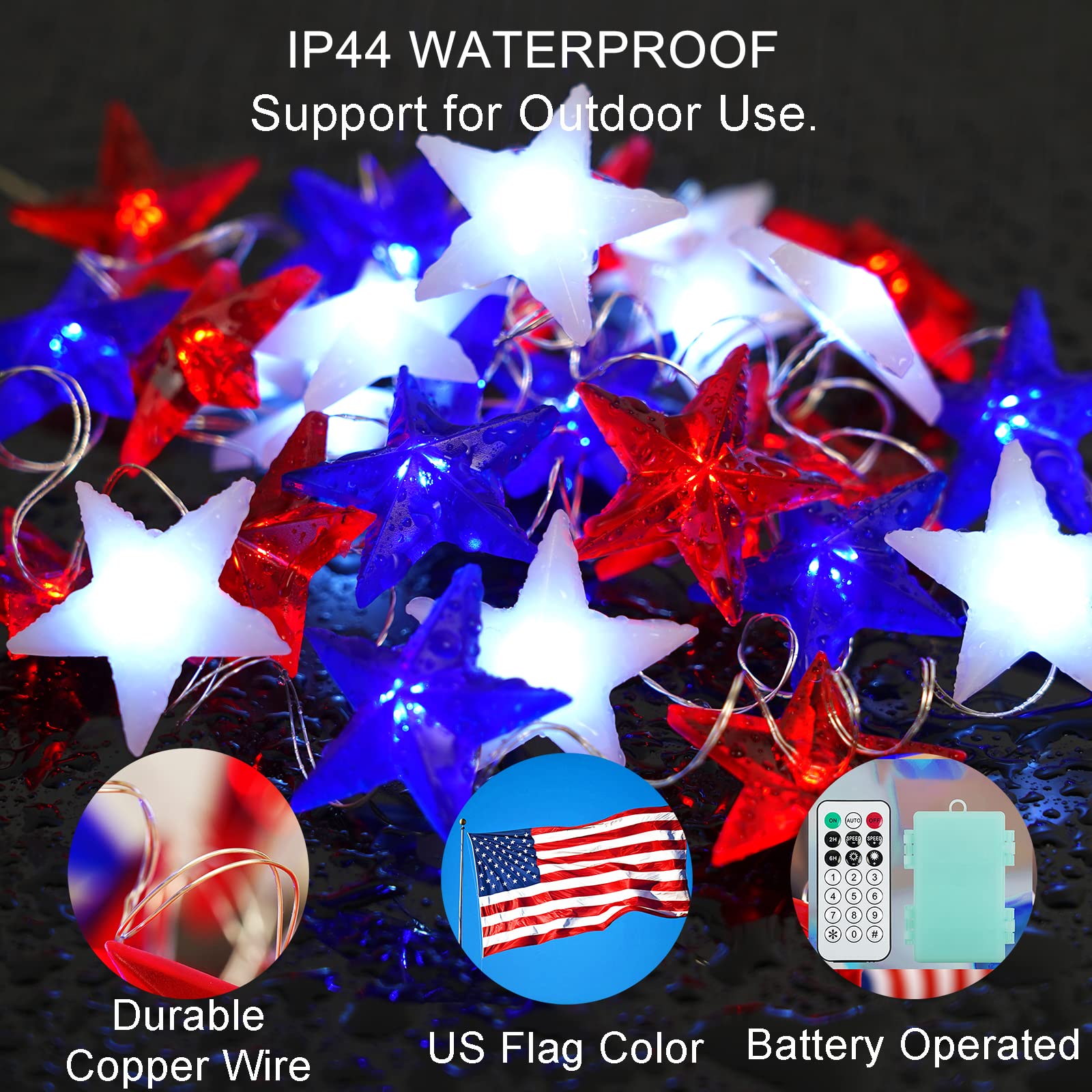 Libreath Red White And Blue Lights 4Th Of July Decorations 10Ft 30 Led Fairy String Lights Battery Operated With Remote For Stars Patriotic Memorial Day Independence Day Fourth Of July Decor