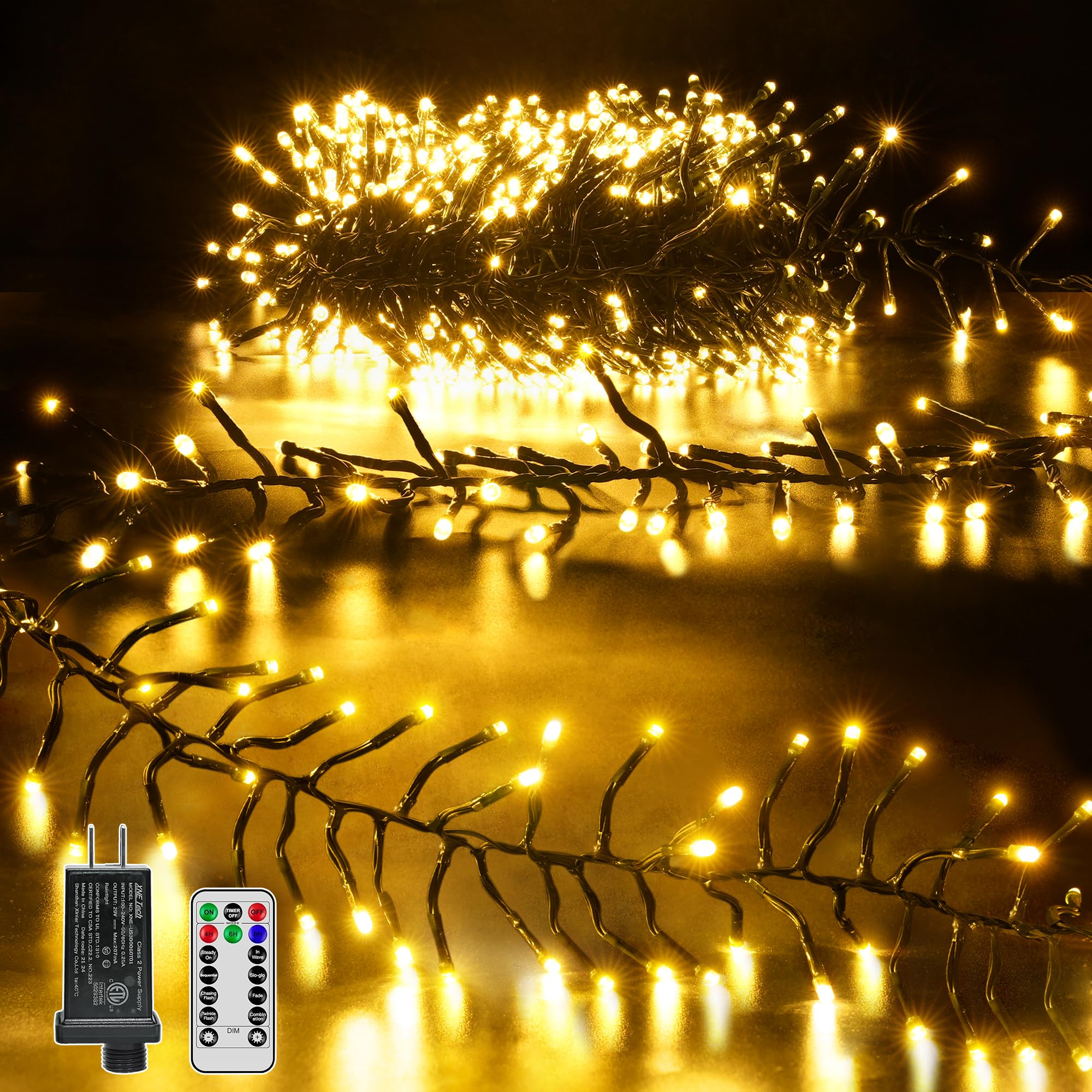 Ccinny 500 LED 25 FT Cluster Lights, Warm White Christmas Tree Lights 8 Modes Timer Remote, Waterproof String Lights for Indoor 