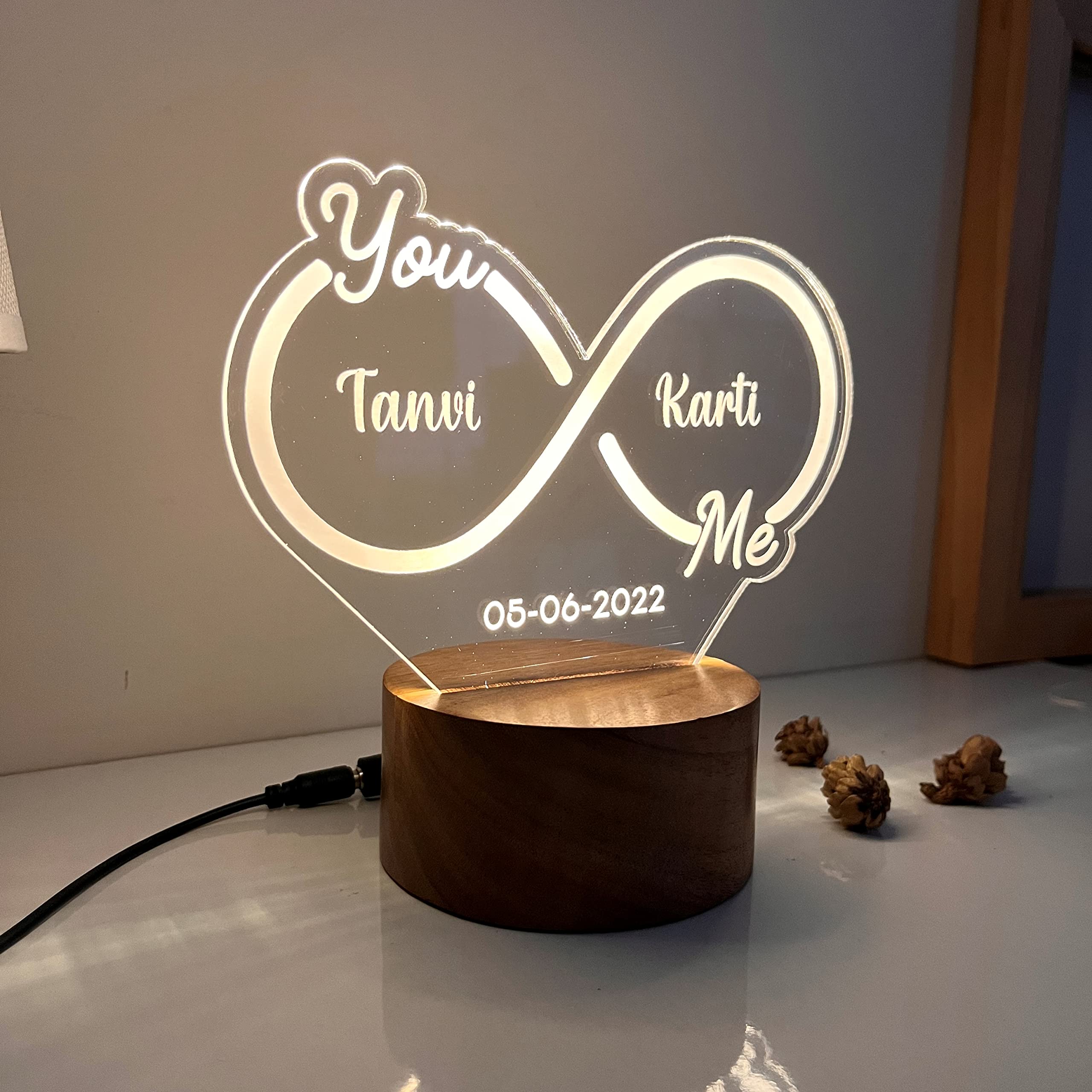 WOWOOD Anniversary Gift For Couple Wedding Gift LED Lamp Love Night Light (Infinity Design, Wood, Warm White, Pack Of 1)