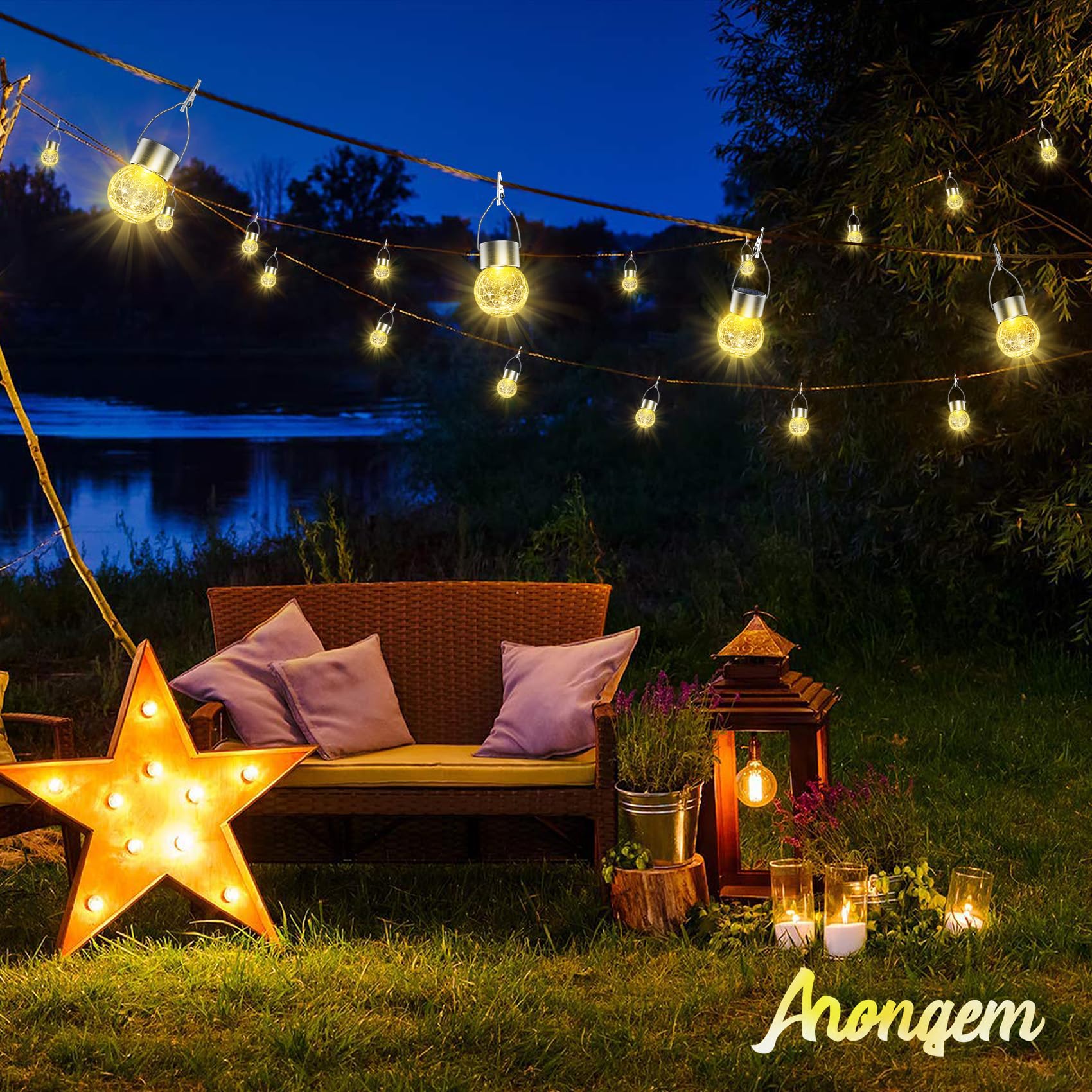 Ahongem Solar Hanging Lights Decor For Outside: Garden Light Waterproof For Yard Outdoor Decorations - 12 Pack Led White Glass Globe Balls Lighting Patio Tree Camping Party Decorative