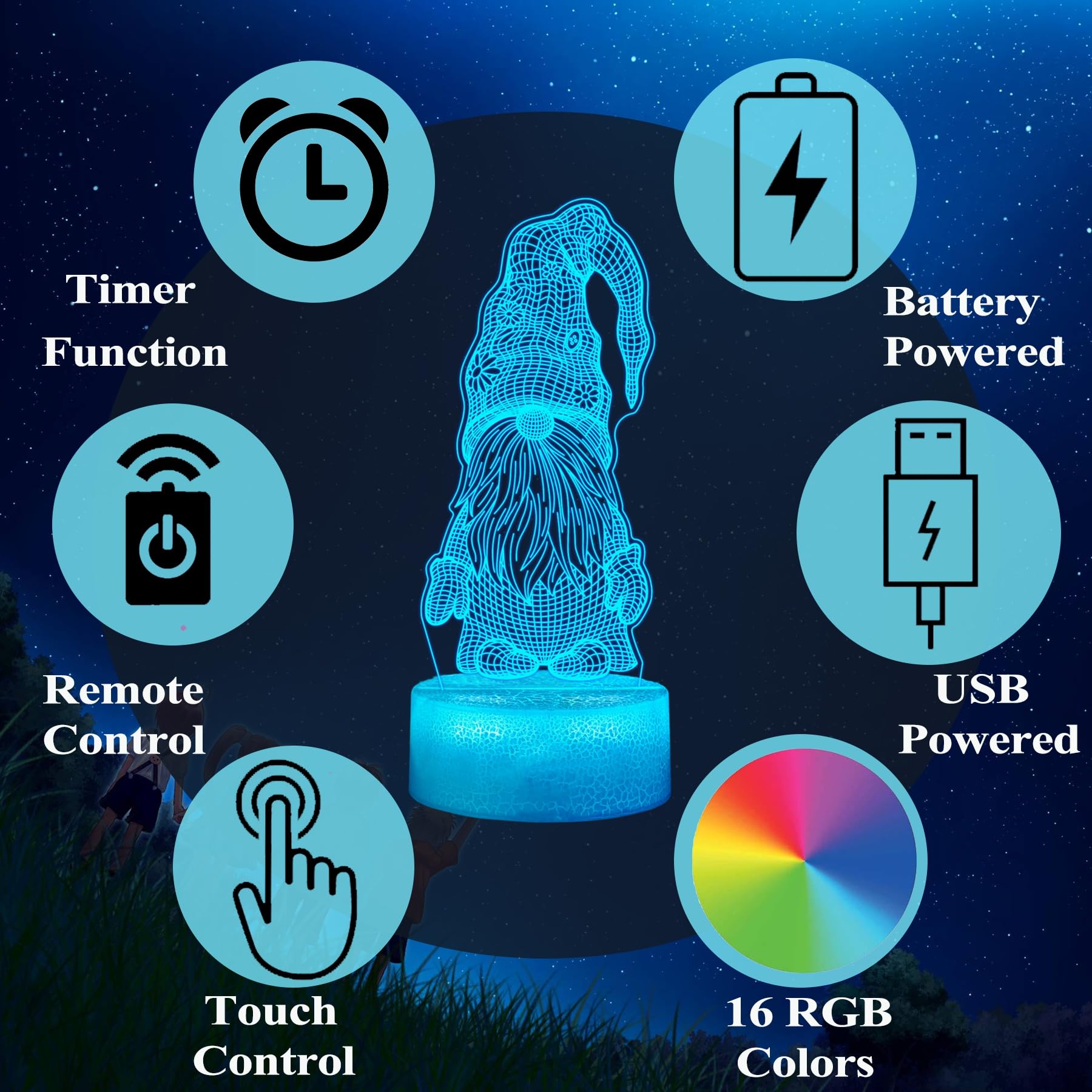 POSSHE Gnome Night Light - 3D Illusion Lamp with 16 Colors, Remote Control, Kids Room Decoration, Model MY-3D LAMP-CRACK, Color 15