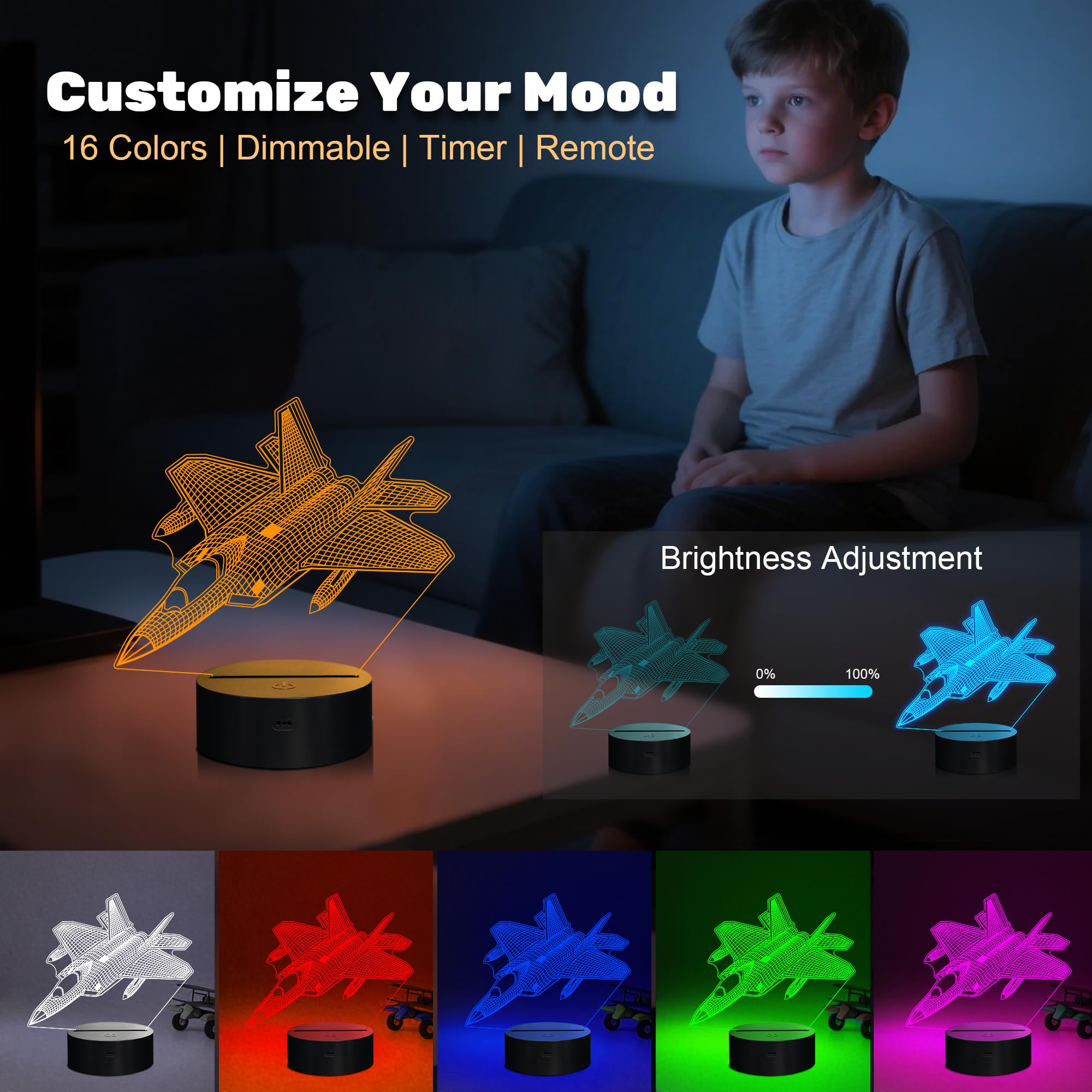 Anywin Airplane Night Light, Fighter Jet Lamp with Remote Control, 16 Colors, Dimmable, Cool Gift for Kids, Model AW-Airplane, Warplane 2