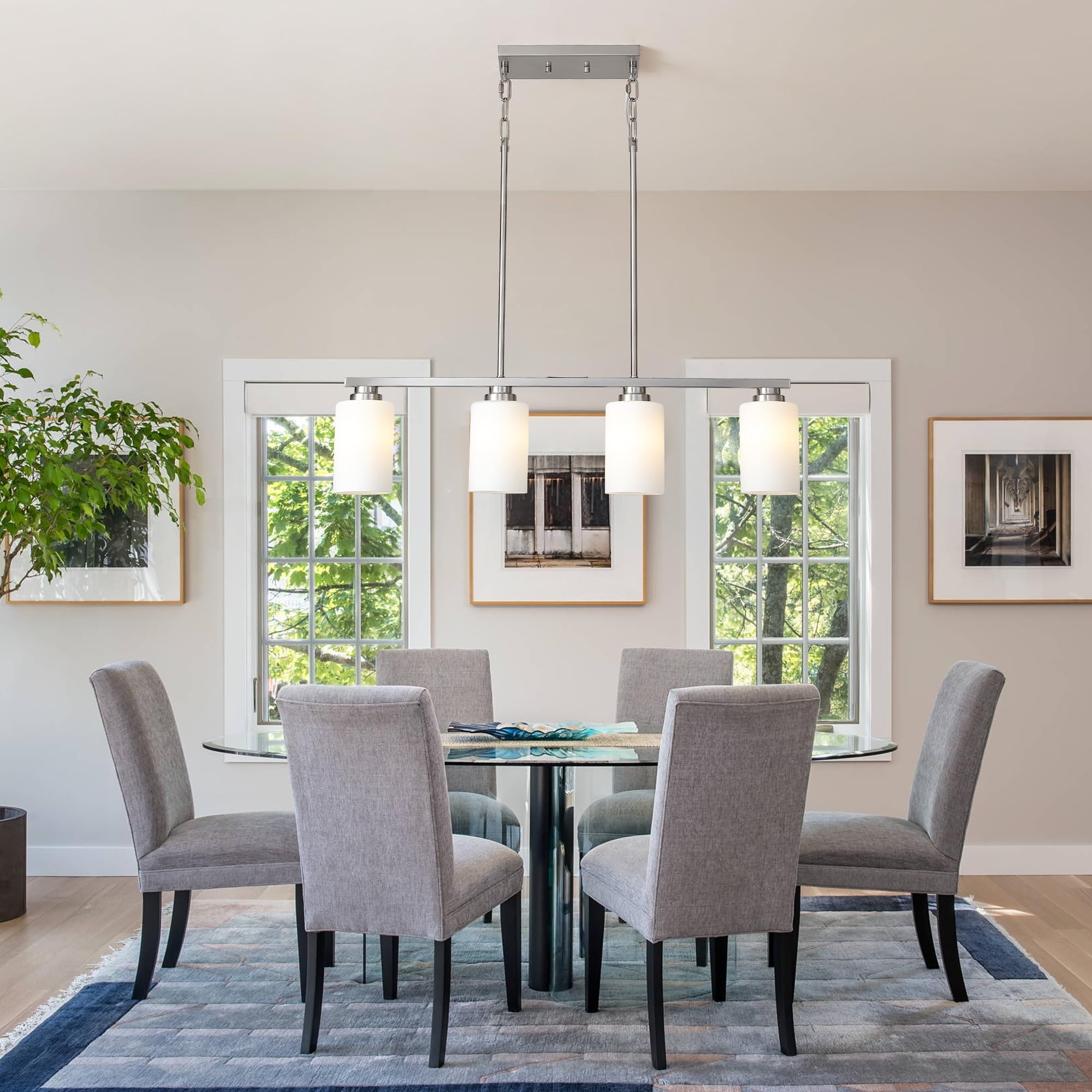 Mecgirn 4-Light Brushed Nickel Chandelier with Milk Glass Shade - Linear Pendant Lighting for Kitchen Island & Dining Room