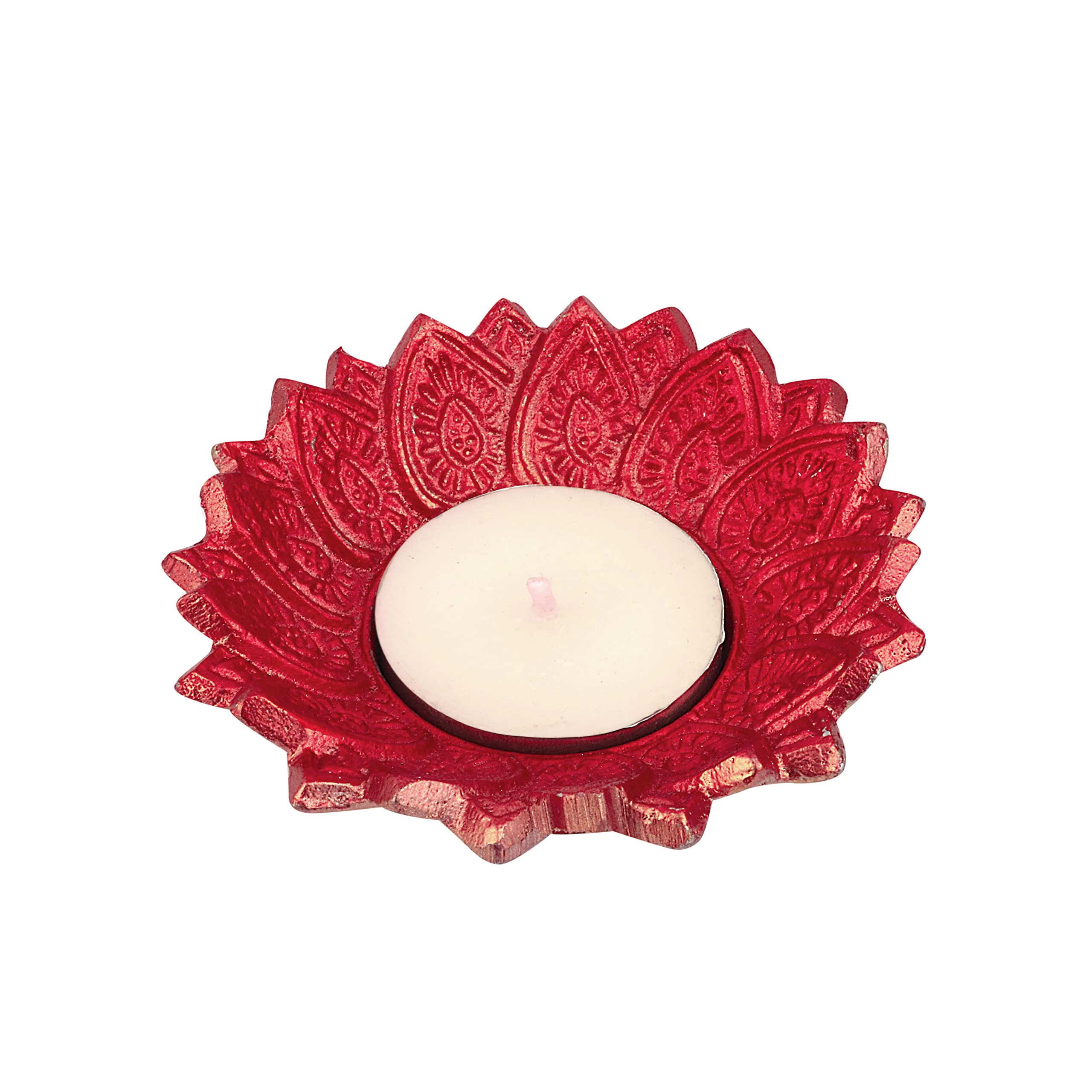 Satvik 2 Pc Chandrarupa Diya Floral Red Lotus Flower Shape Candle Tea Light Holder Oil Lamp Diwali Indian Indoor Home Mandir Pujan Pooja Office Temple Decor Dia Housewarming Return Gift Items
