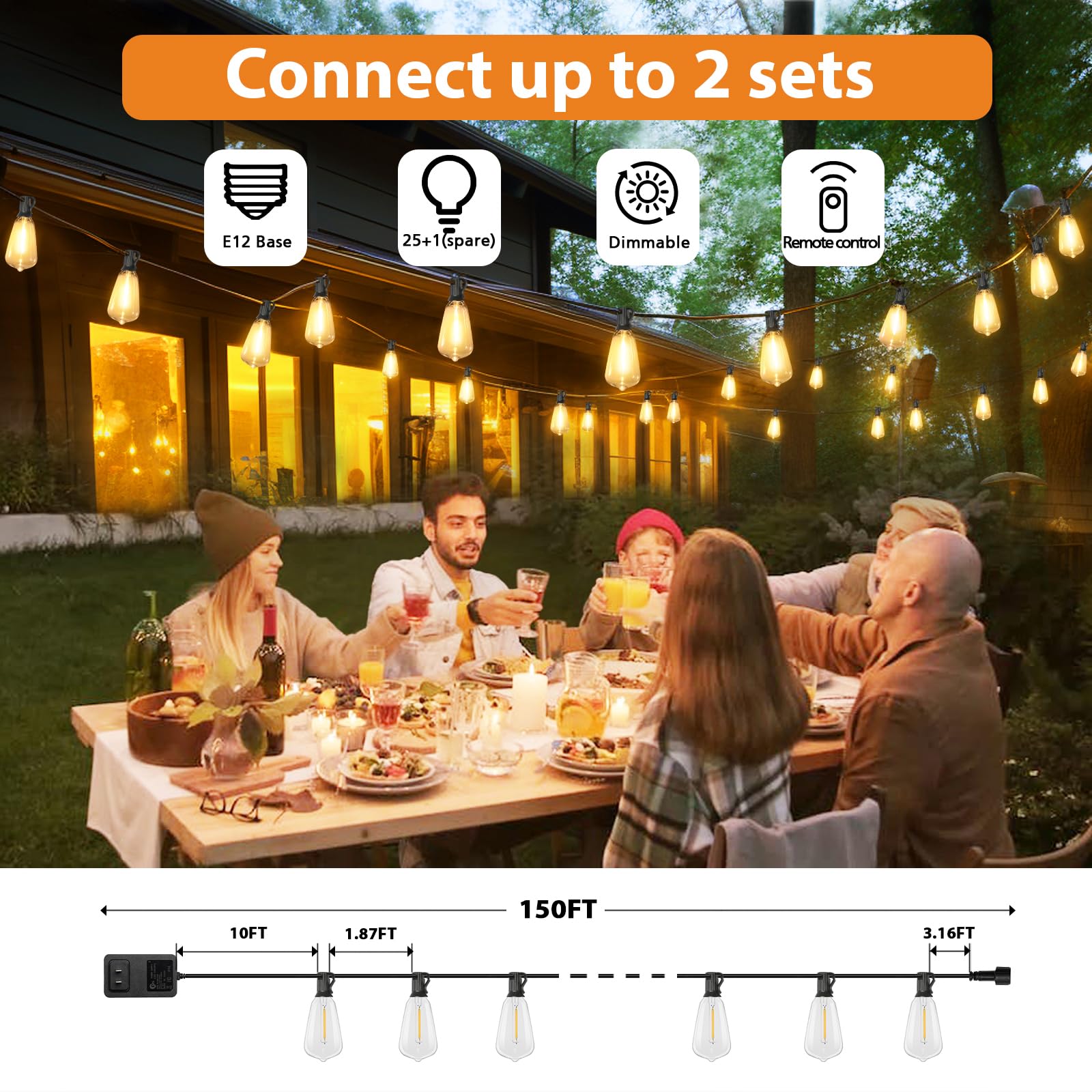 Brightever 150Ft Outdoor Lights With Remote, 2700K/4000K/5000K Selectable Led String Lights For Outside With 75+2 St38 Shatterpr