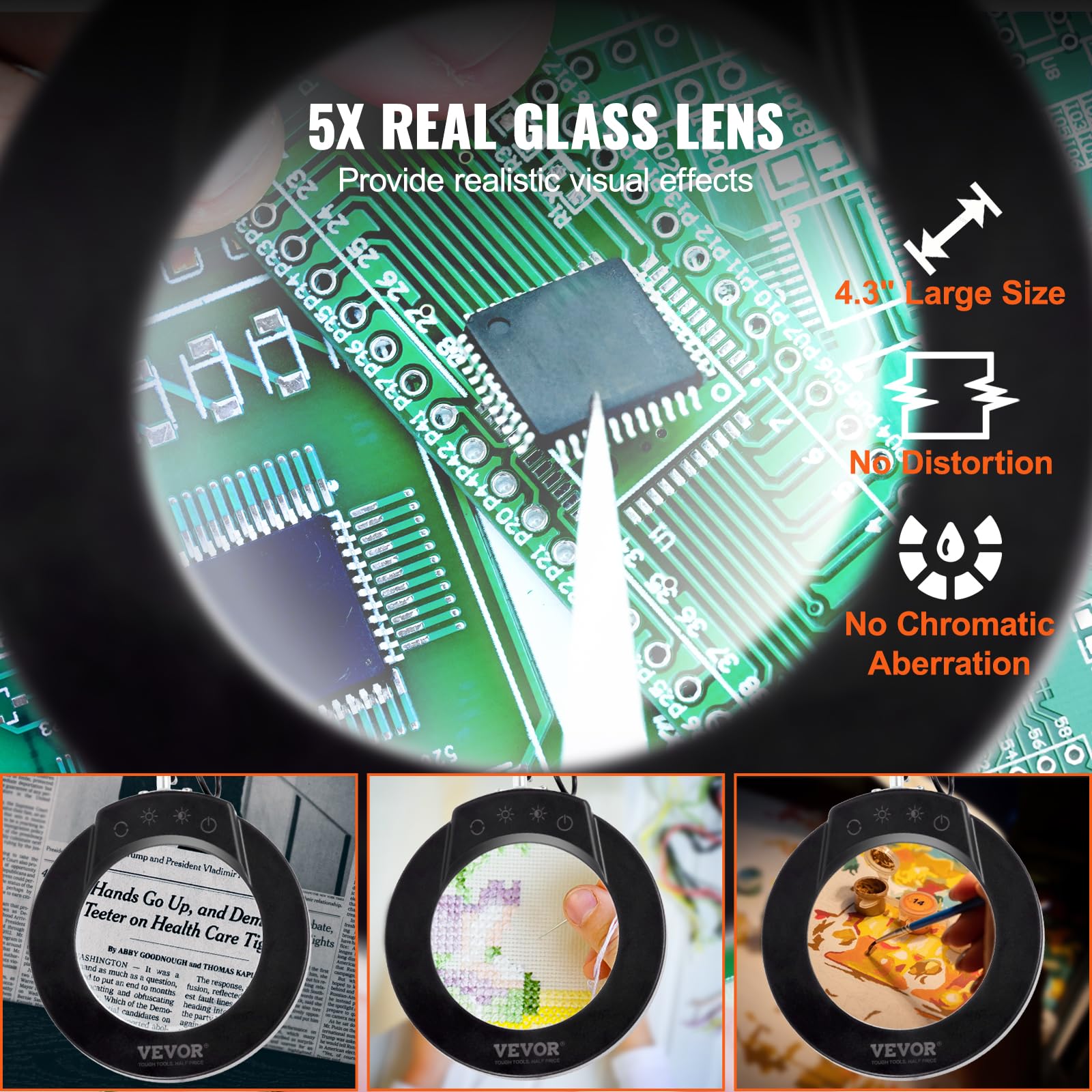 Vevor 5X Magnifying Glass With Light And Stand, ?Upgraded? 5 Color Modes Stepless Dimmable, 4.3'' Glass Lens Magnifier Desk Lamp
