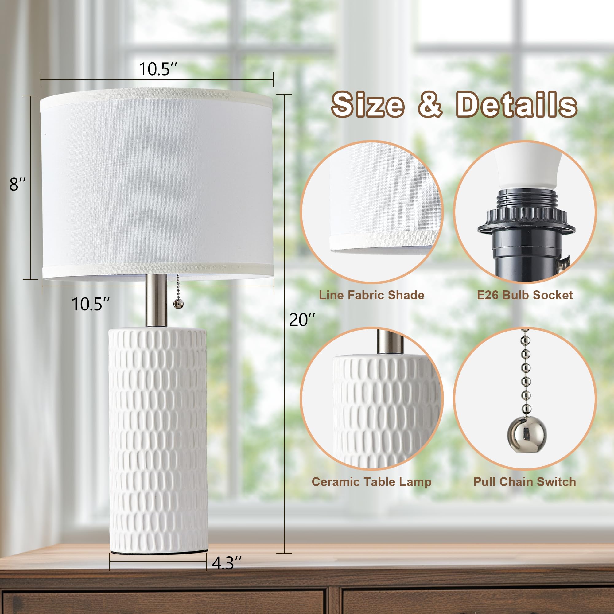 Reaketon Modern Ceramic Table Lamps for Living Room, Set of 2, 20" White, Model AMZ102-1TWHT