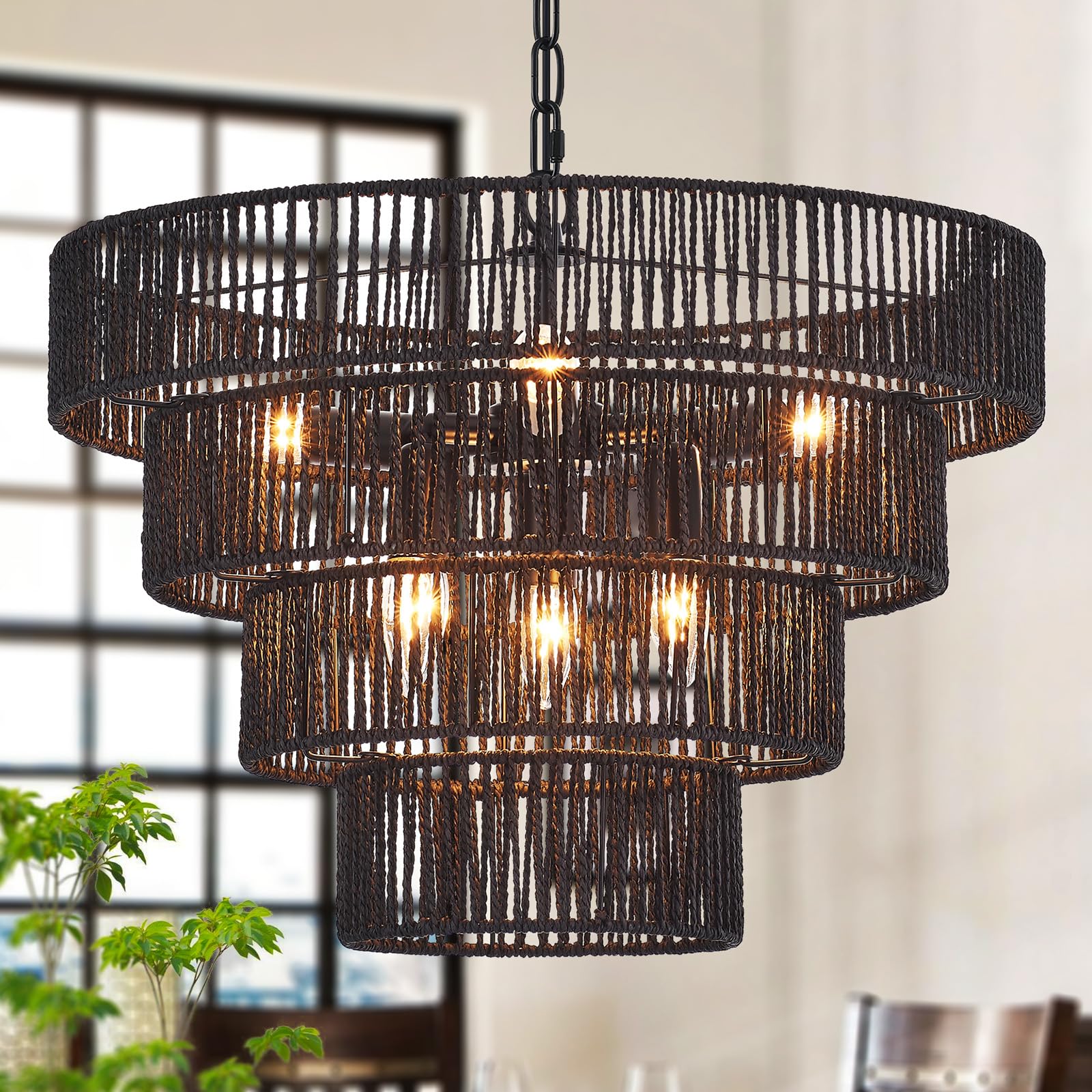 Yomecoo Black Rattan Chandelier Vintage Farmhouse 6-Lights Boho Hand-Woven Bamboo Black Chandeliers Light Fixture Retro Drum Wic