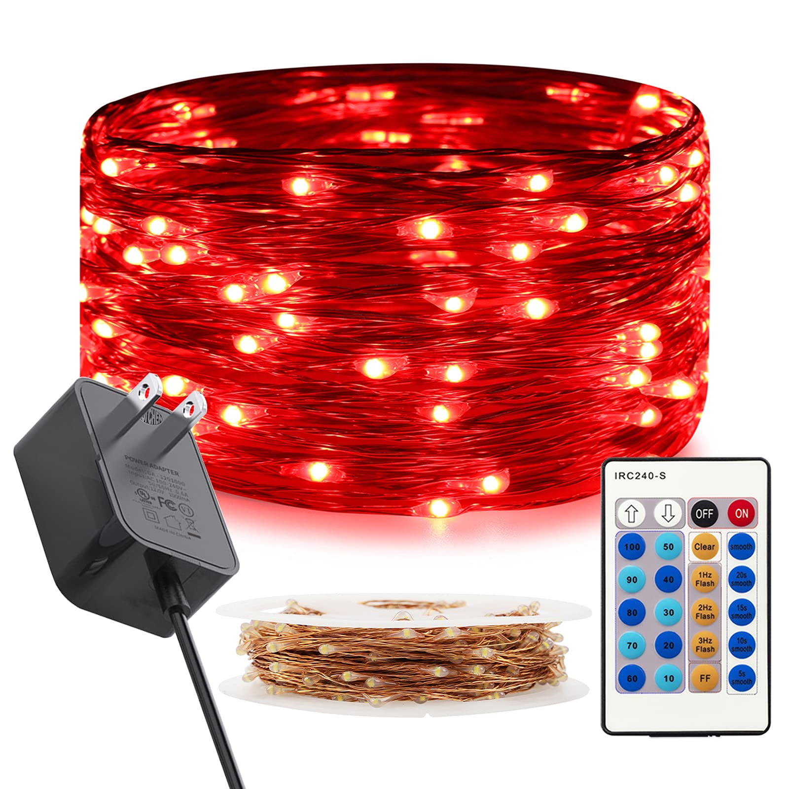 Ruichen 33Ft 100 Led Dimmable Fairy String Lights, Red Copper Wire With Remote