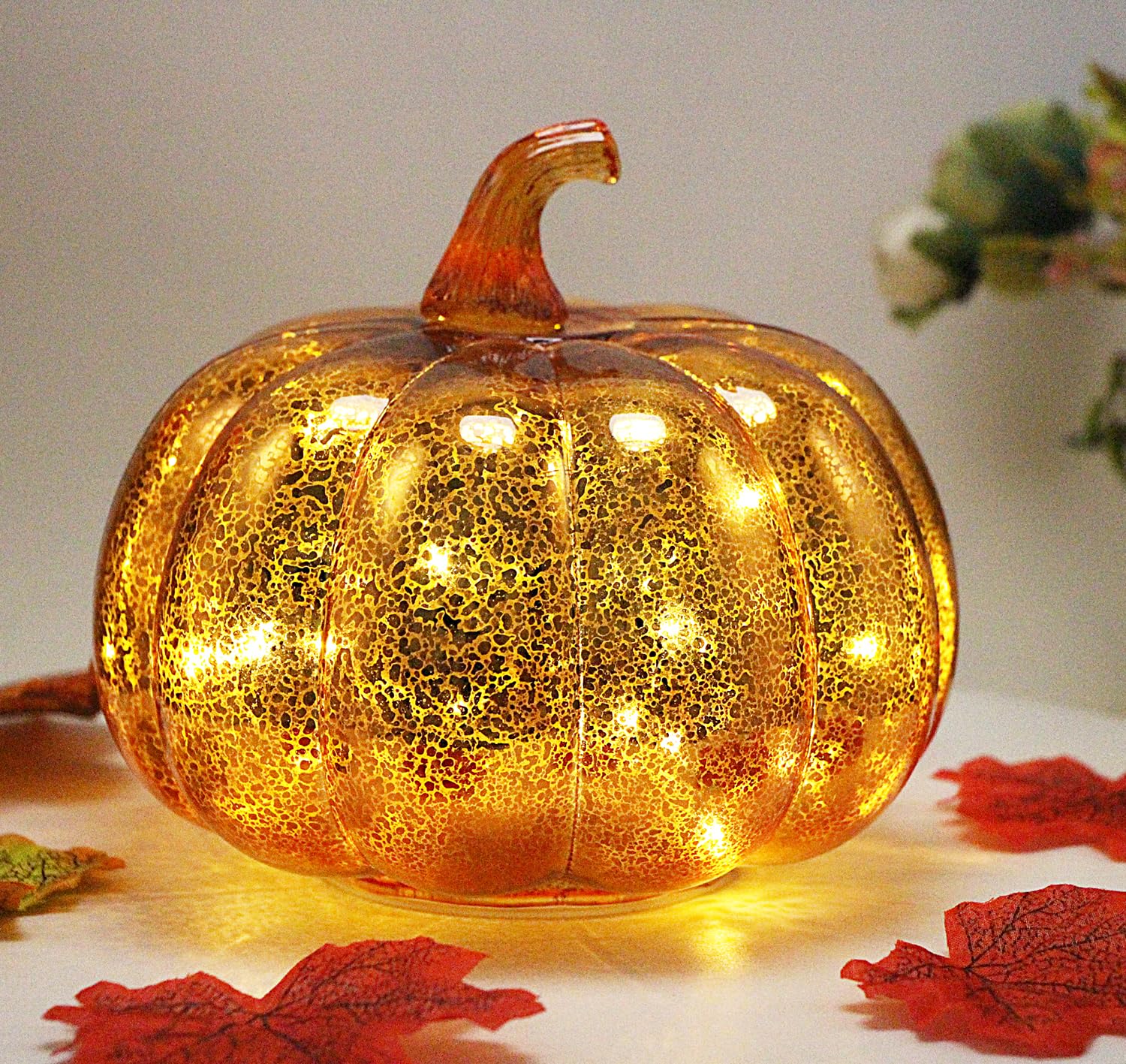 Cfdecor Mercury Glass Pumpkin Light With Timer, Battery Operated Led, 10 Fairy Lights, Gold2, Model Mge, Ideal For Halloween & Thanksgiving Decor