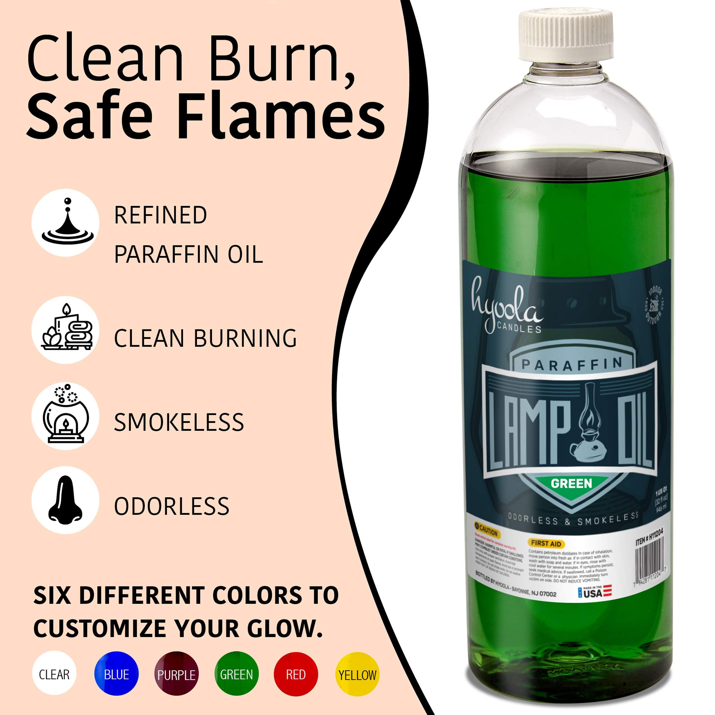 Hyoola Candles Liquid Paraffin Lamp Oil - Green Smokeless, Odorless, Ultra Clean Burning Fuel For Indoor And Outdoor Use - Highest Purity Available - 32Oz
