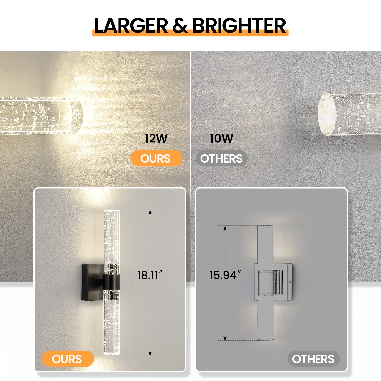 CCYCOL Black LED Wall Sconce Set of 2, 18 Inch Dimmable Crystal Lighting for Indoor Vanity, Model 8045WL-12BK-2P-US