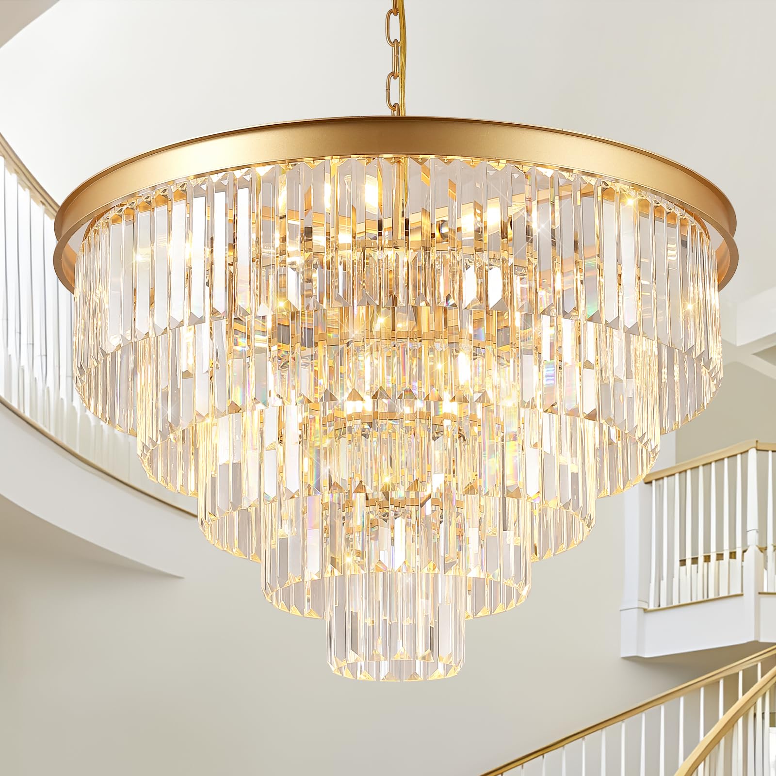 A Axilixi Large Crystal Chandeliers 30 Modern Gold Round Chandeliers For High Ceiling K9 5-Tier Large Ceiling Chandelier Light F
