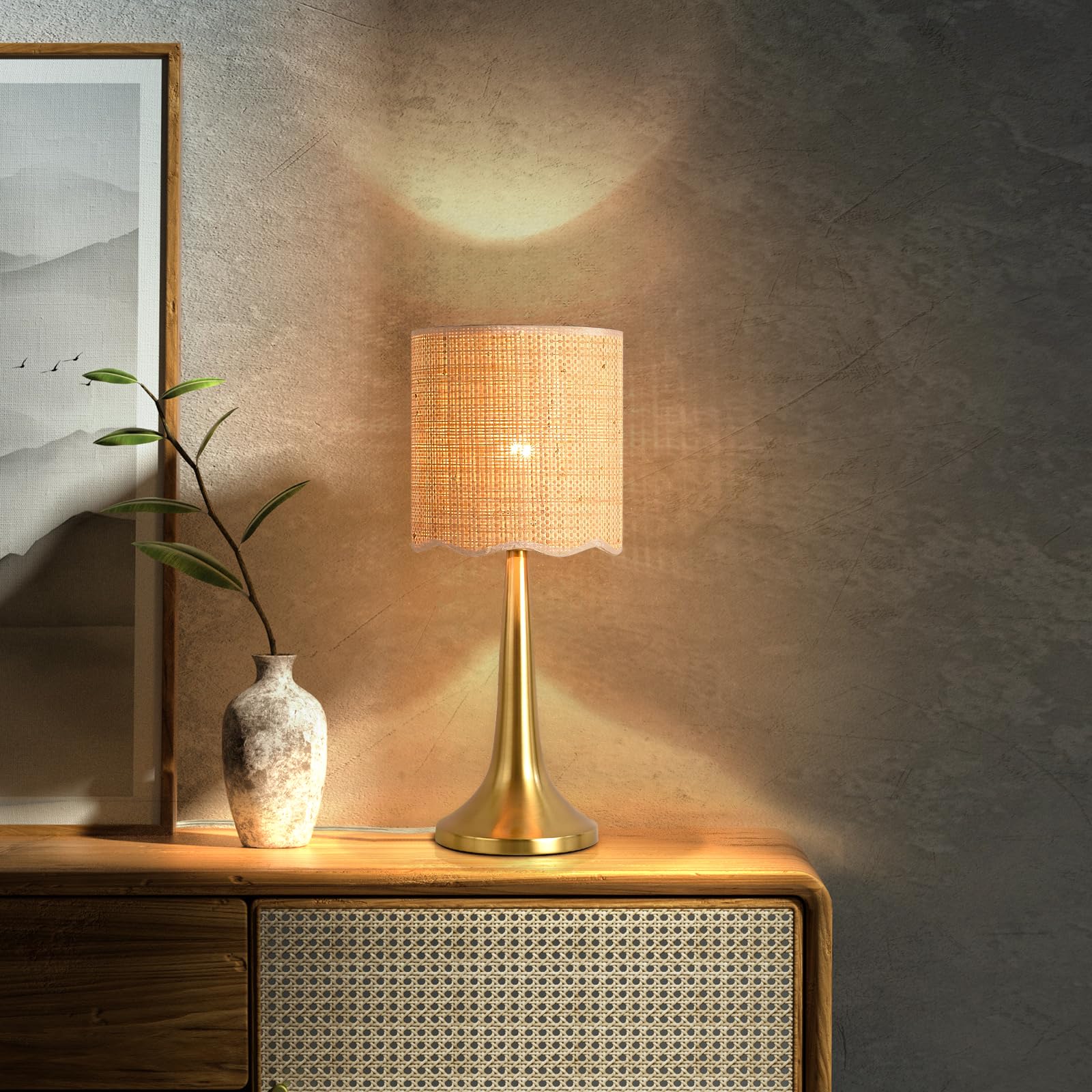 Gold Rattan Small Cute Table Lamp For Bedroom, Brass Gold Bedroom Lamps For Bedside Nightstand, Small Rattan Shade Table Shape L