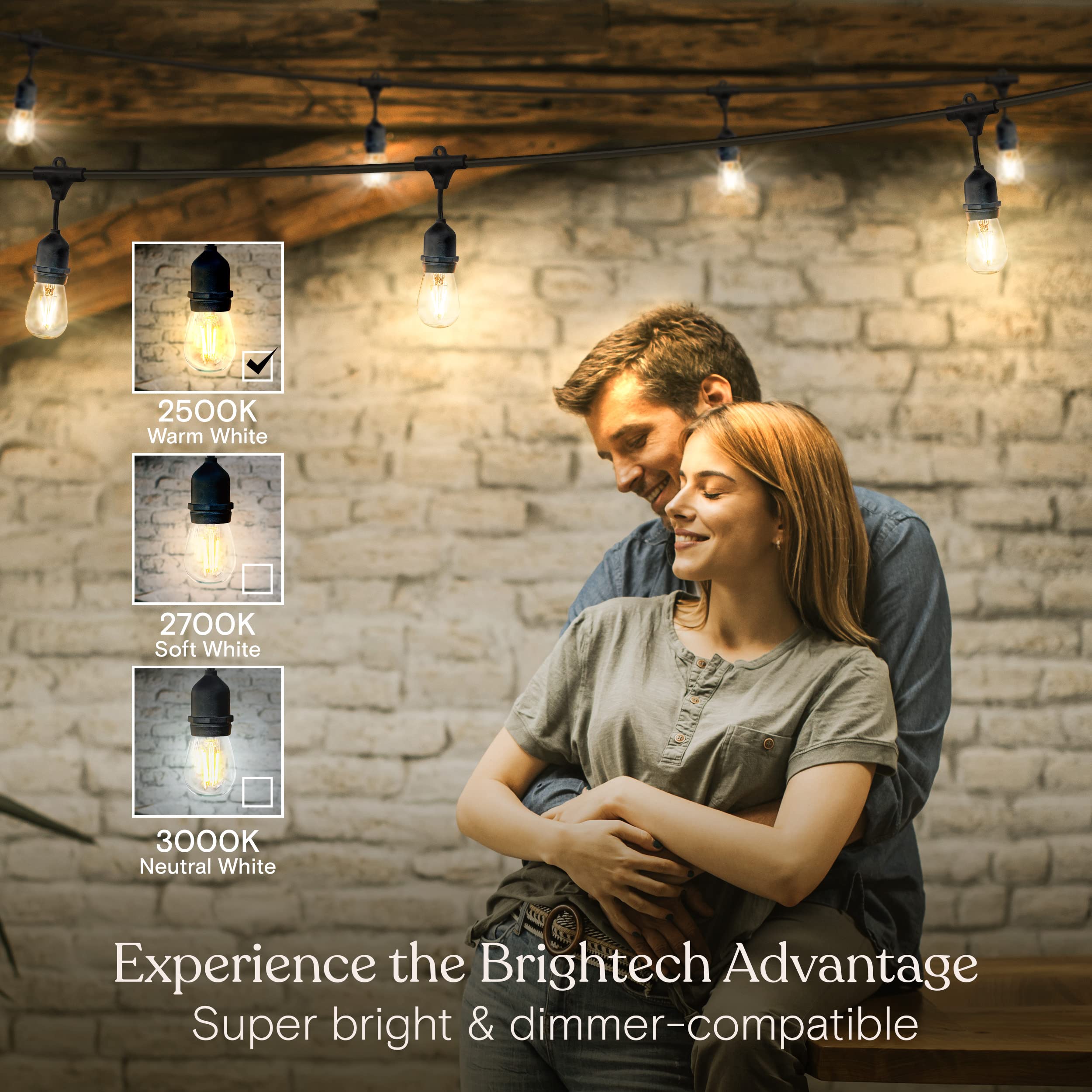 Brightech Ambience Pro - Waterproof Led Outdoor String Lights - 7 Hanging, Dimmable 2W Vintage Edison Bulbs - 24 Ft Commercial G