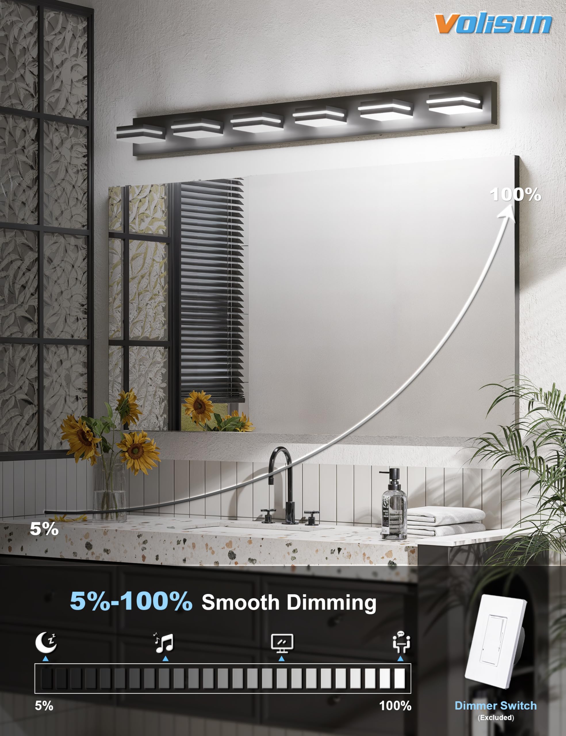 VOLISUN 6-Light Dimmable Bathroom Vanity Light, 48-Inch, 5CCT, Rotatable Acrylic Fixtures, Model 9553F, ETL Certified, Black
