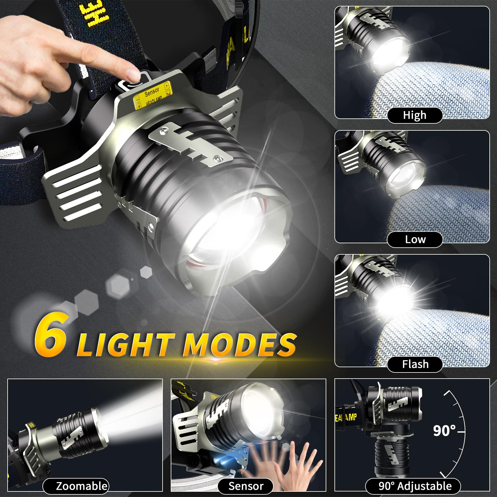 ZOYYE Rechargeable Headlamp 3500 LM - Super Bright, 9 Lighting Modes, Red Light, Aluminum, Black, Model a01 for Camping & Outdoor Activities