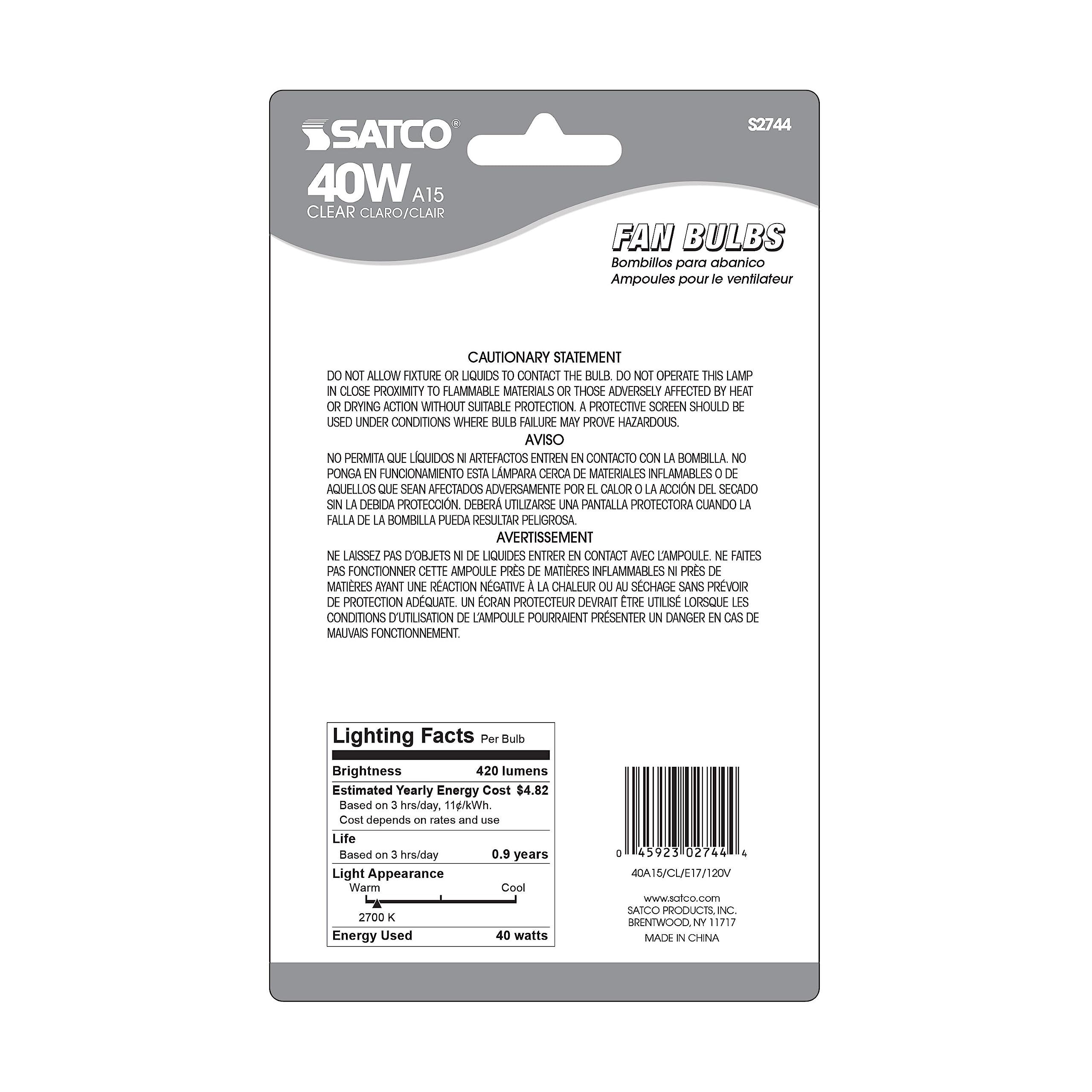 Satco A15 40W Intermediate Base Light Bulb, Clear Glass, White, Model S2744, 120V