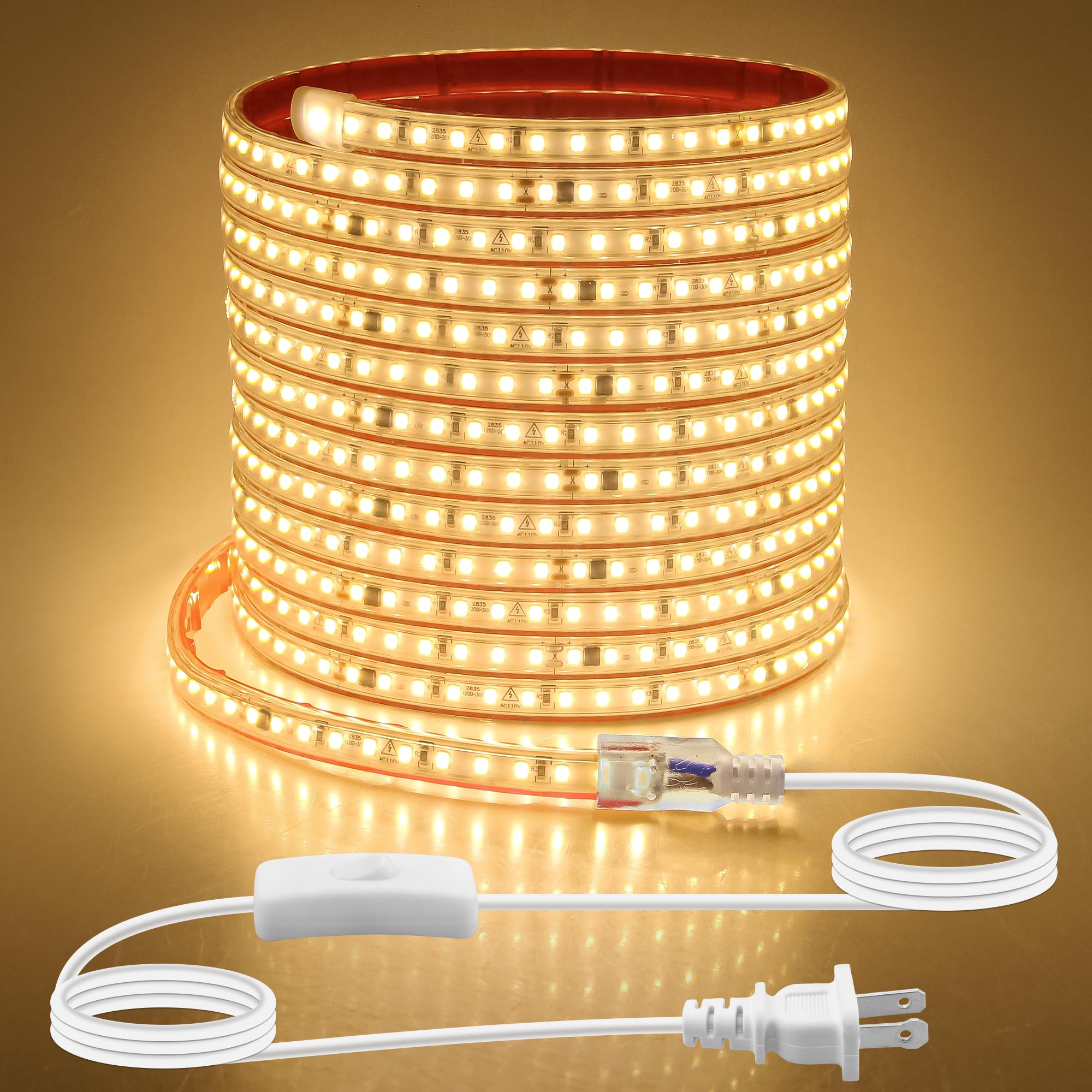 Aclorol Outdoor LED Band Lights Waterproof 20FT Warm White 120V LED Light Band with 3.28FT ON/Off Switch Power Cable SMD 2835 Ultra Bright for Bedroom Closet Hallway Roof Patio Pergola 8mm Width