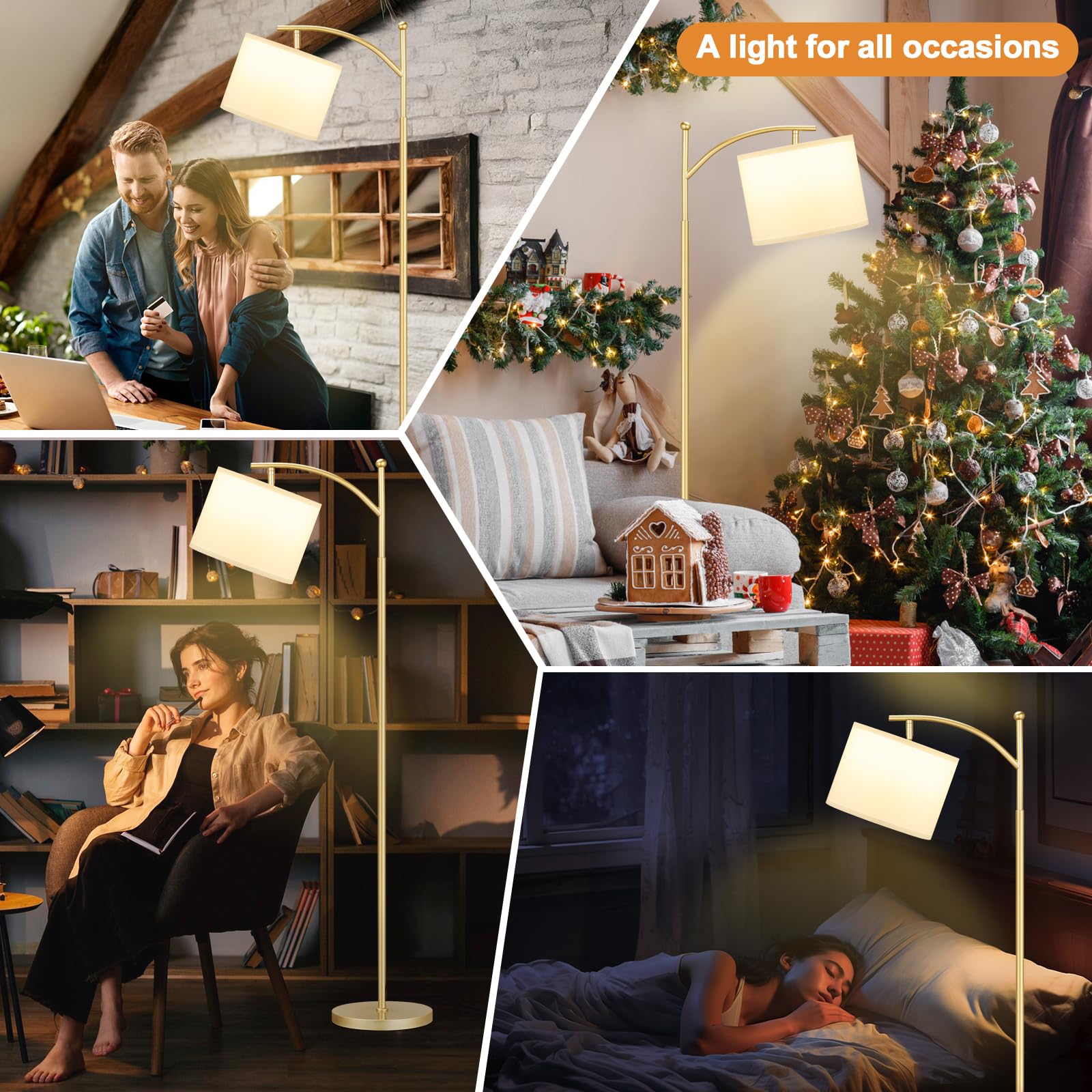 60" Floor Lamps For Living Room With 3 Color Temperatures, Adjustable White Shade With Gold Pole, Tall Lamps For Living Room Bedroom Office Classroom Dorm Room, 9W Bulb Included