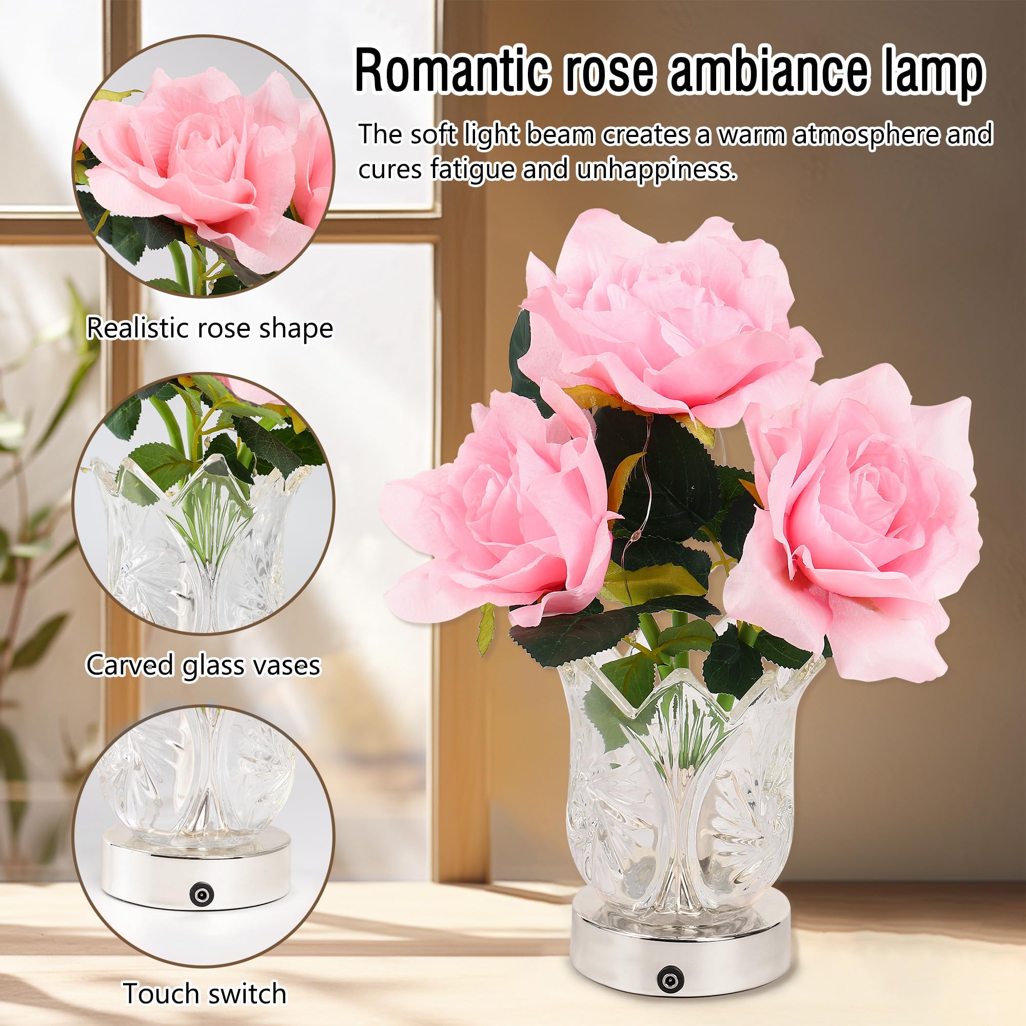 Artificial Pink Rose Led Lamp For Womens Gifts, Pink Rose Night Light For Relaxation And Serenity, Womens Mom Wife Friends Mom D