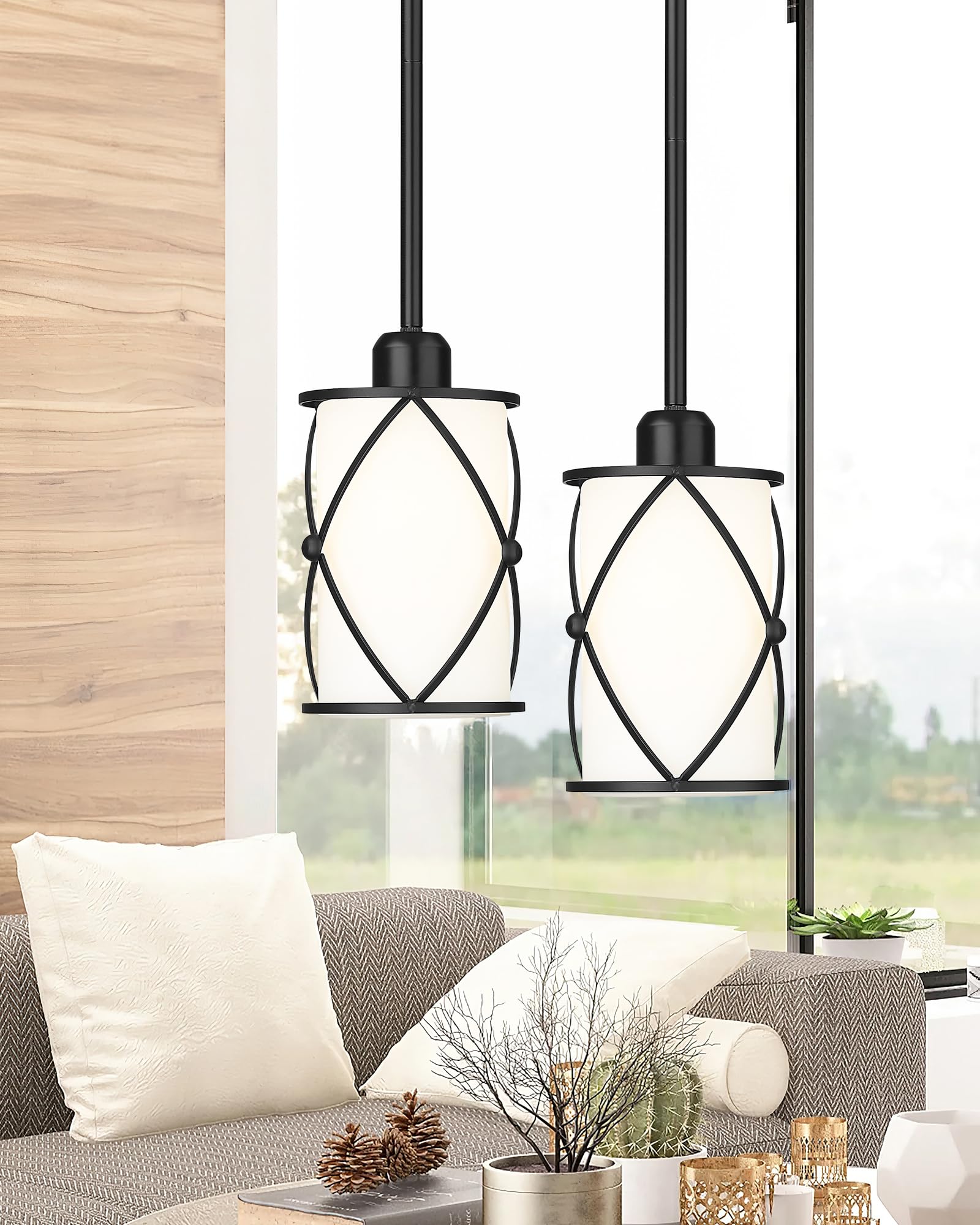 Osimir 2 Pack Black Glass Pendant Lights, Modern Frosted Glass Fixtures For Kitchen & Dining Room