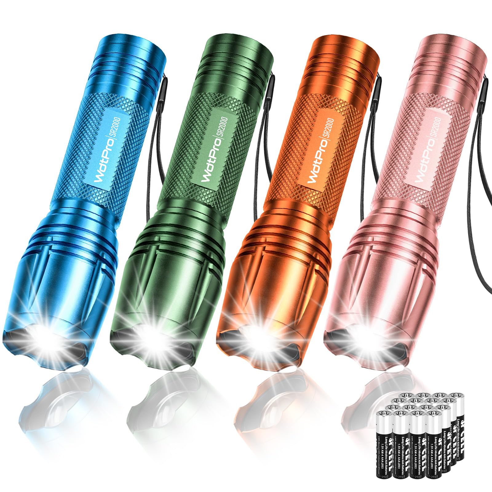 WdtPro LED Flashlight SR2000 Pro, 4 Pack, High Lumens, 5 Modes, Zoomable, Aluminum, Multicolor