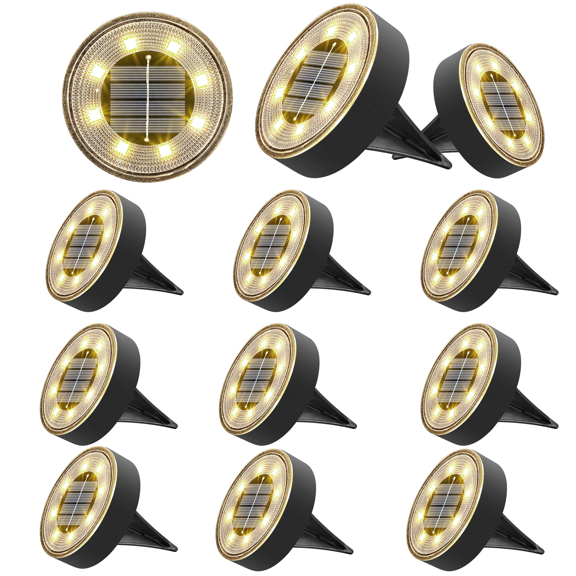 Joomer Solar Ground Lights, 12 Pack, Waterproof IP68, 8 LED Disc Light for Garden, Warm White