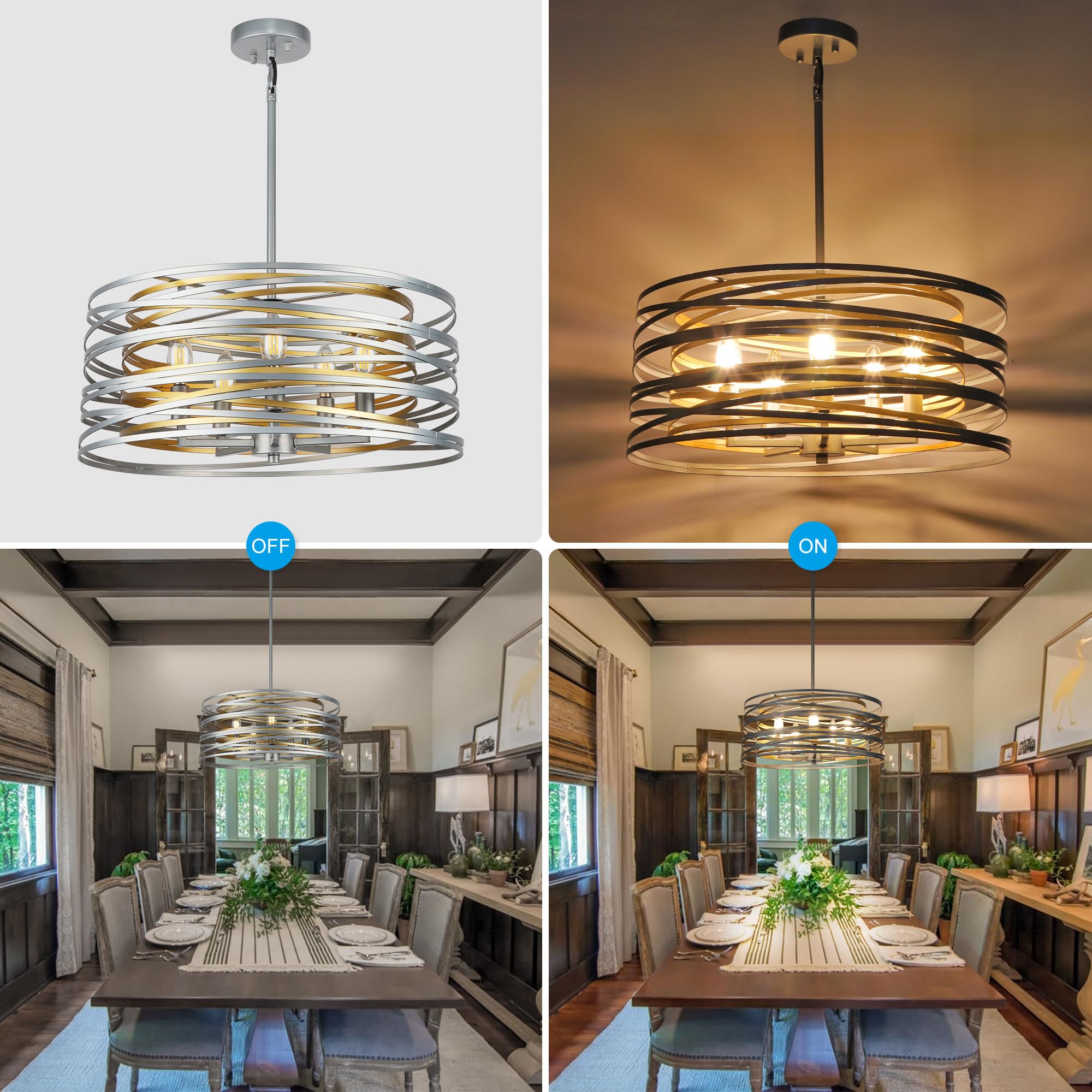 ACNKTZ 5-Light Double Round Metal Chandelier, 19.7", Silver with Gold Interior, Modern Farmhouse Lighting for Dining Room and Hallway