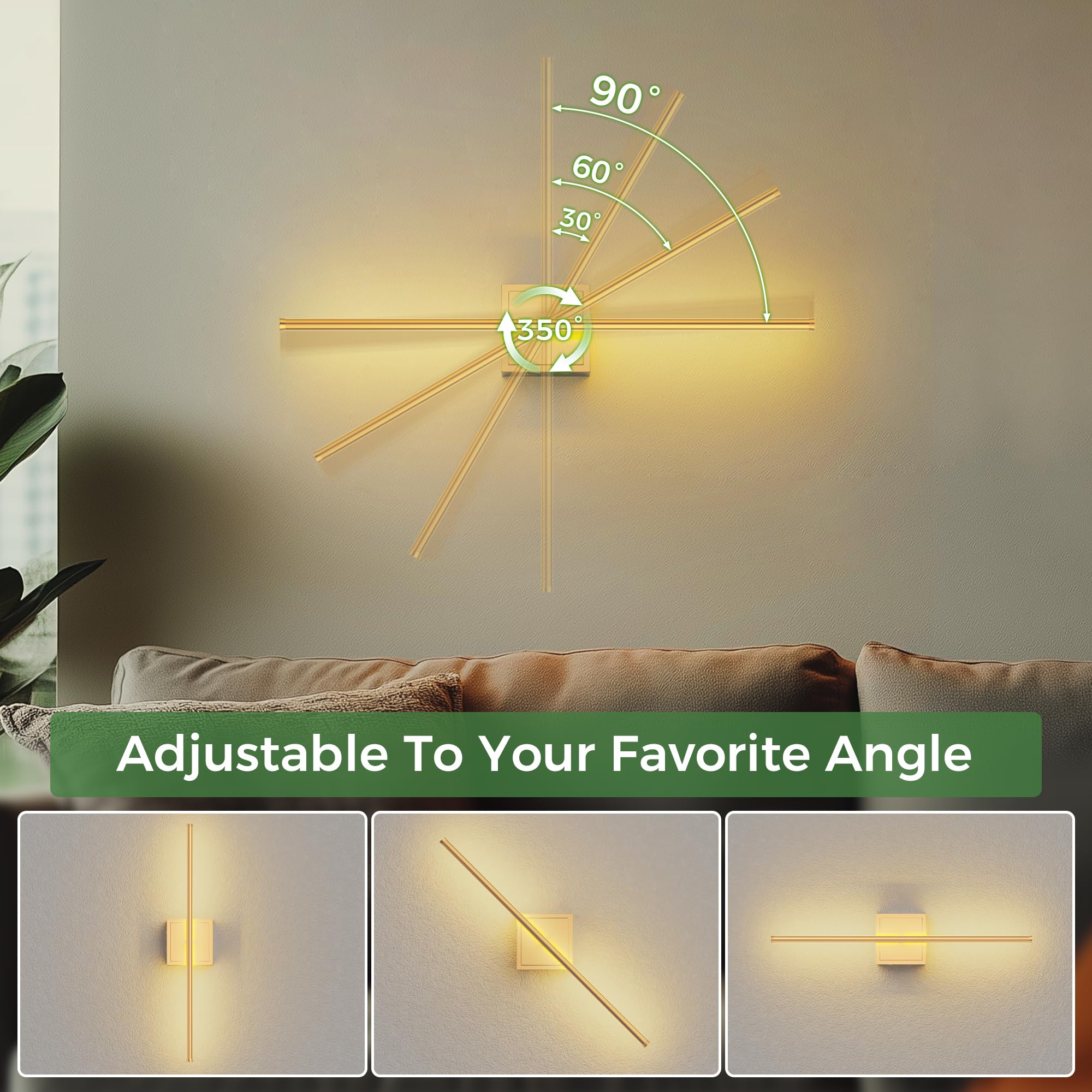 DORESshop Battery Operated Wall Sconces Set of Two, Rechargeable, 350° Rotate, Dimmable, 23.7 Inch, Gold