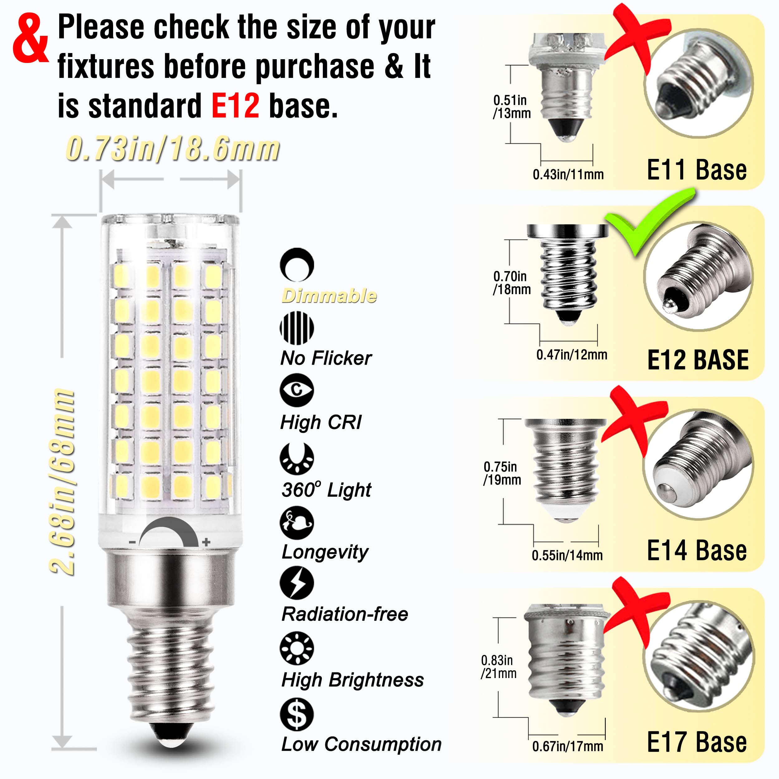 Alide E12 C7 Dimmable Led Candelabra Bulbs Kx 2000 60 Watt Replacement, 6000K Daylight White T6 110V 120V Small Base E12 Led Bul