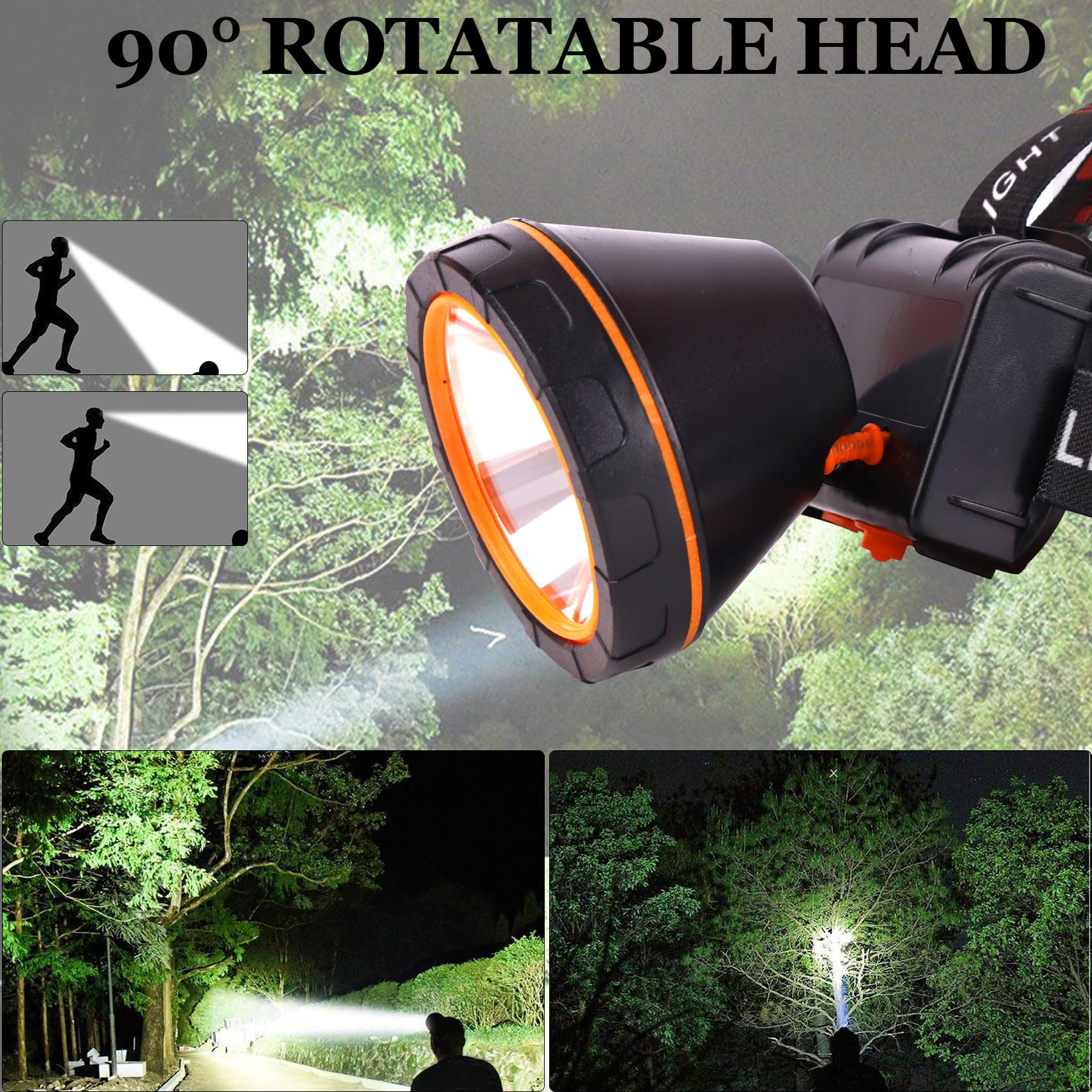 Aikertec C1 LED Rechargeable Headlamp, 90000 Lumens, Waterproof, Adjustable, Black, Ideal for Camping, Fishing, Hunting, Running