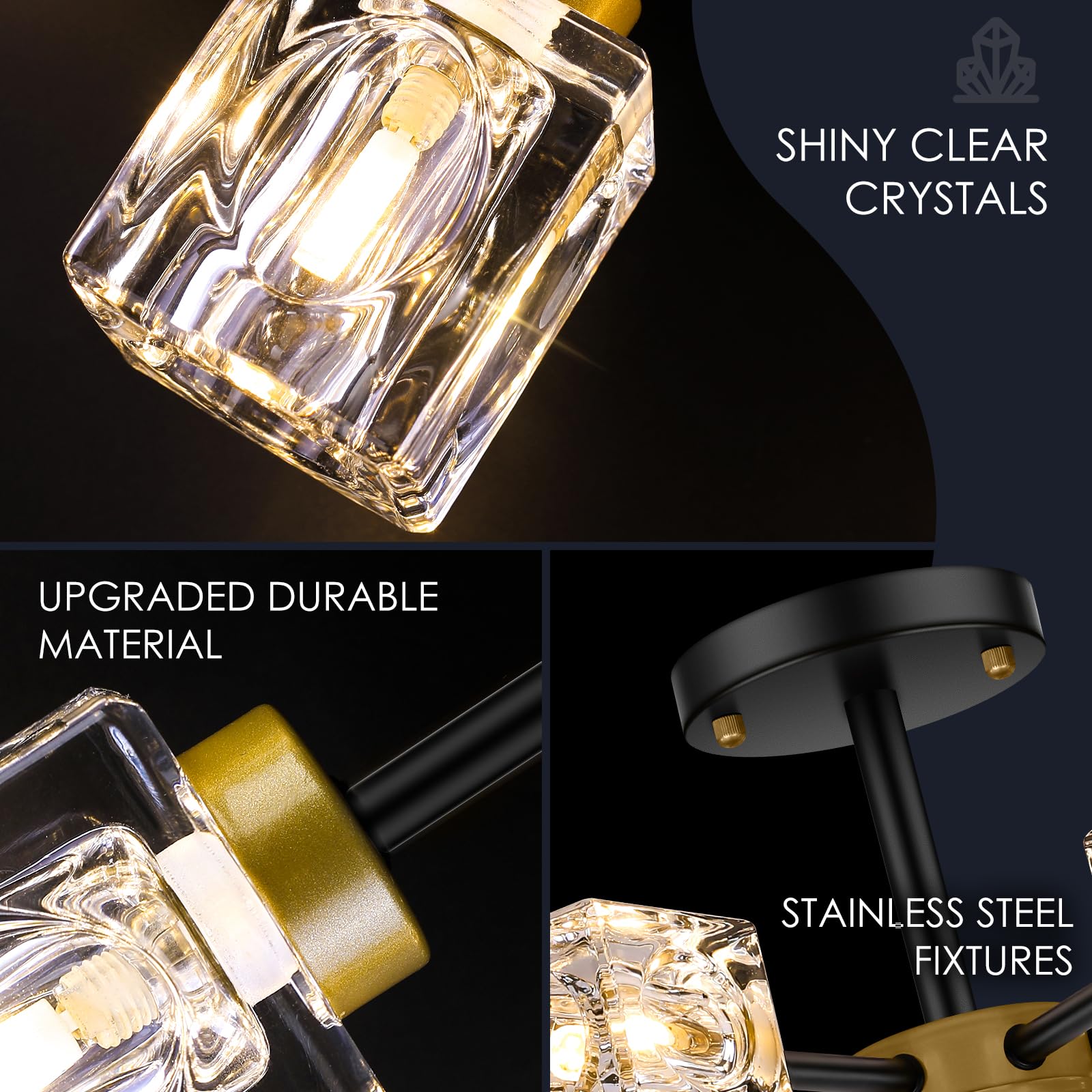 Black Modern Chandelier, 6-Light Crystal Semi Flush Mount Ceiling Light Fixture, 17.3'' Farmhouse Kitchen Pendant Light With Cub
