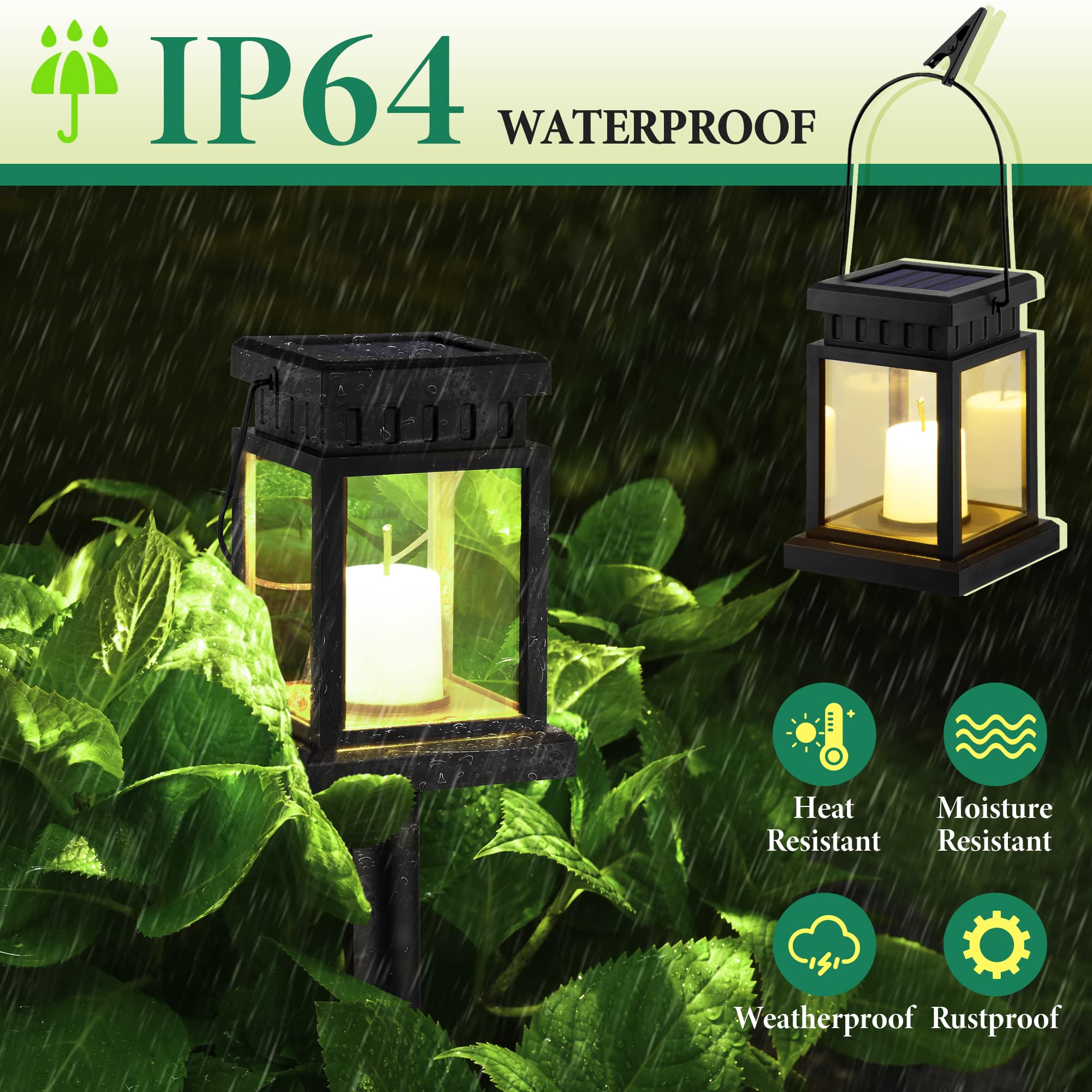 SOLPEX Solar Lanterns Outdoor - 8 Pack LED Hanging Lights, Waterproof, Candle Effect, Black, 3.5"x3.5"x16.2", Model 8374-X
