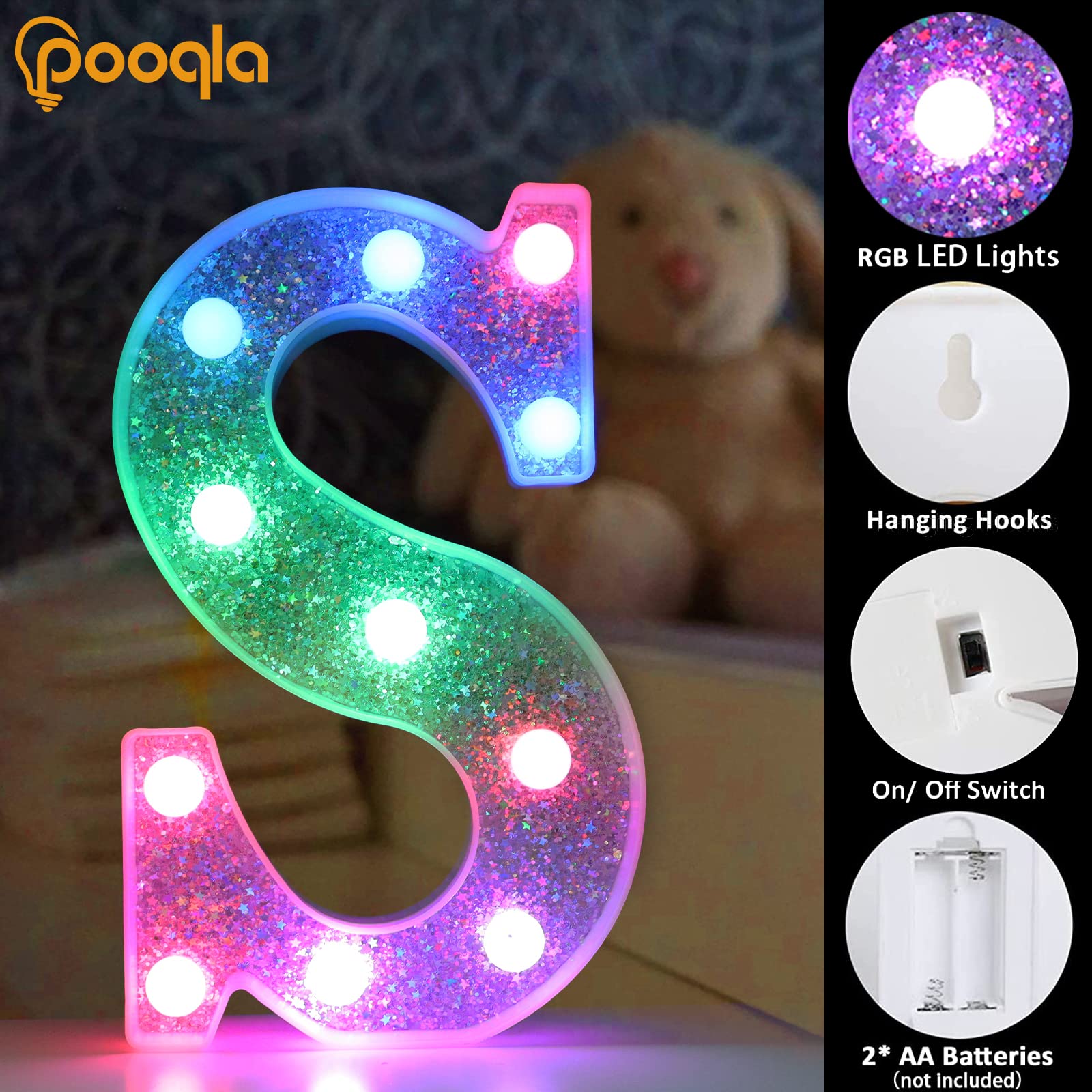 Pooqla Colorful LED Marquee Letter Light O, 6.2in, Battery Operated, 16 Colors, Glitter Silver, S-RGB Model for Party Decoration