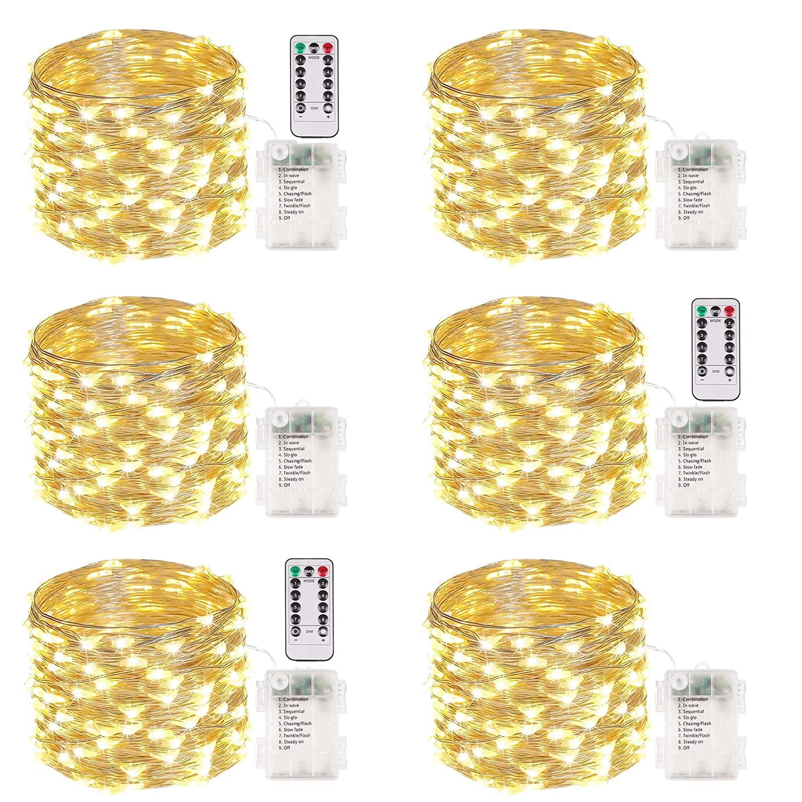 Albelt 6-Pack 33FT LED Fairy Lights, Battery Operated, Remote & Timer, Waterproof, Warm White, Model Sliver100