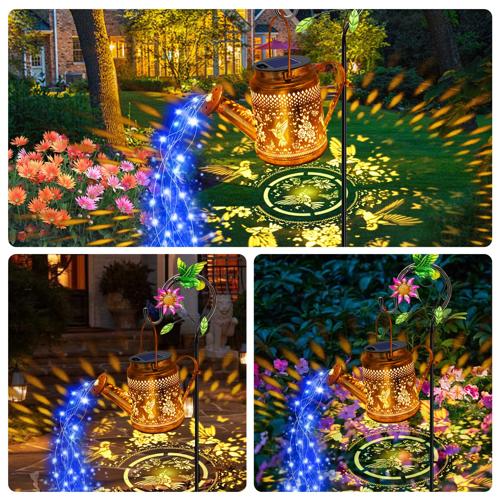 Solar Lights Outdoor Garden Decor, Hummingbird Hanging Watering Can Landscape Lights Waterproof Outside Decorations For Yard Fro