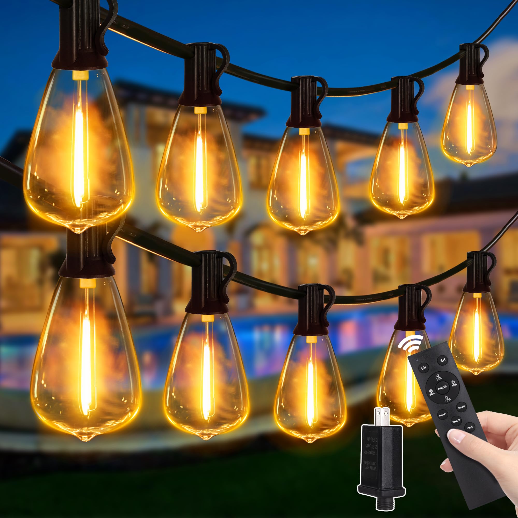 Outdoor String Lights Dimmable with Remote, 150 FT Outdoor Lights with 2 Timer and 3 Mode, Waterproof & Shatterproof Patio Light
