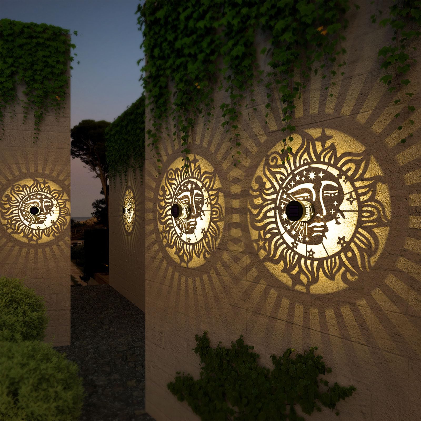 Gardencave Solar Fence Lights - 4 Pack, Sun Moon Theme, Waterproof Outdoor Wall Decor, Model Fence1