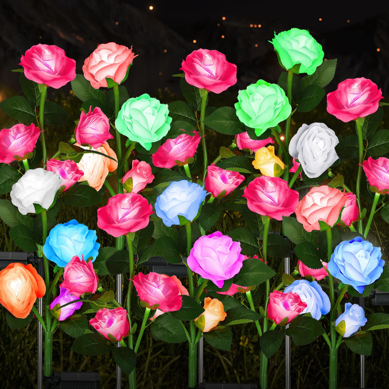 Geelin 10 Pcs Solar Rose Lights Outdoor Waterproof Solar Flower Lights With 40 Rose Flowers 7 Color Changed Decorative Solar Landscape Light For Weeding Garden Yard Patio Pathway Walkway